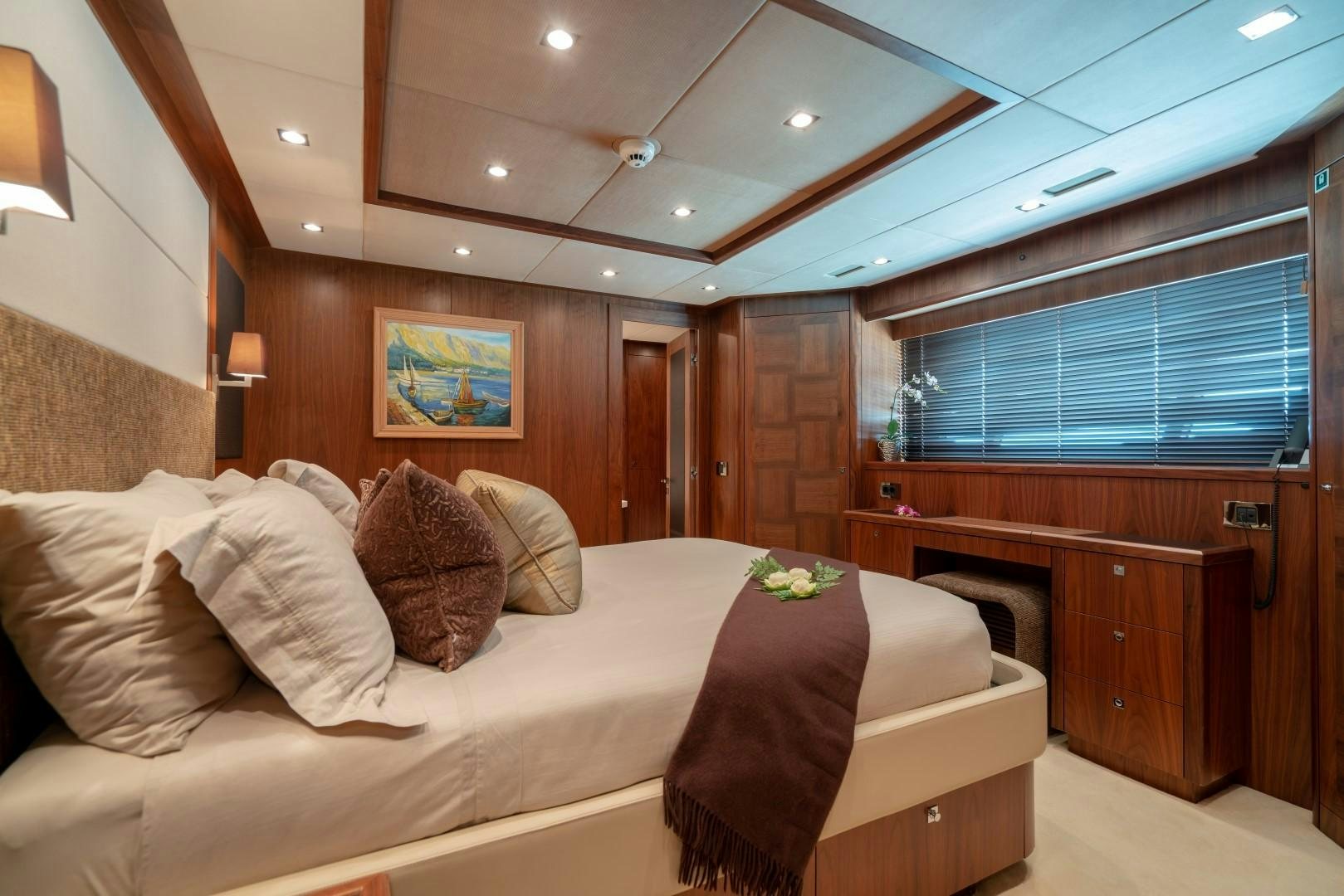 a bed in a room aboard ABOUT TIME Yacht for Sale