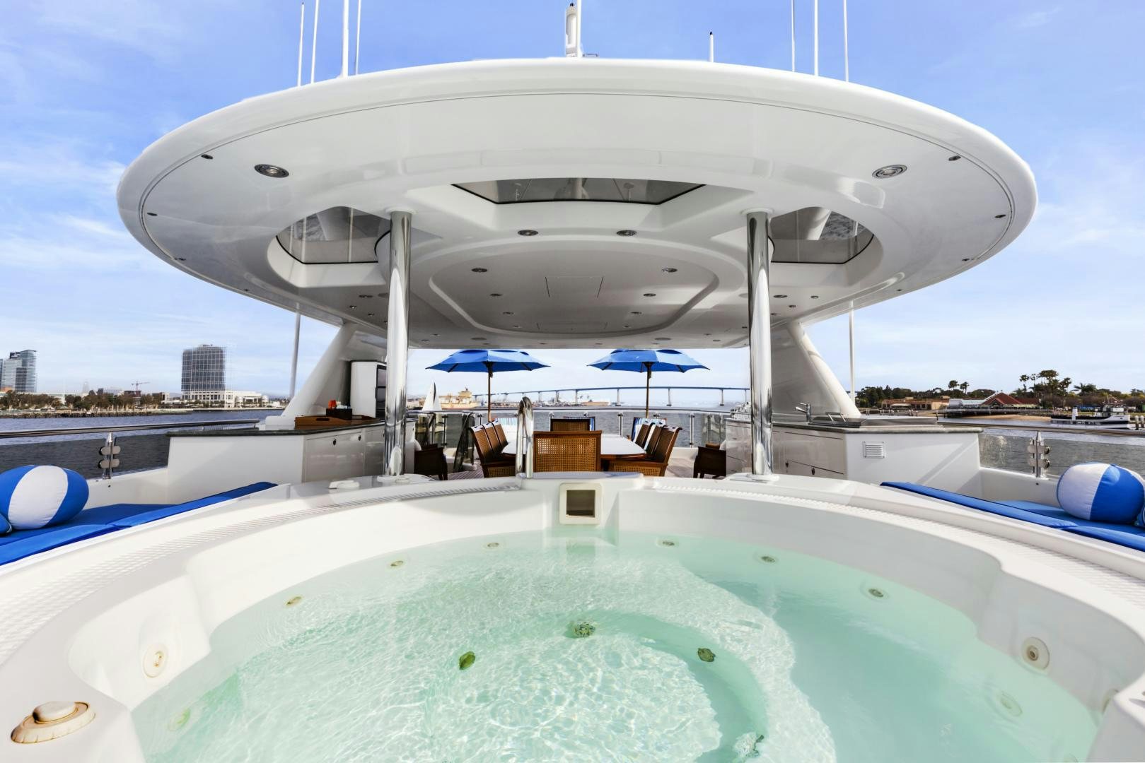 a large white spherical structure with a pool in the front aboard APHRODITE Yacht for Sale
