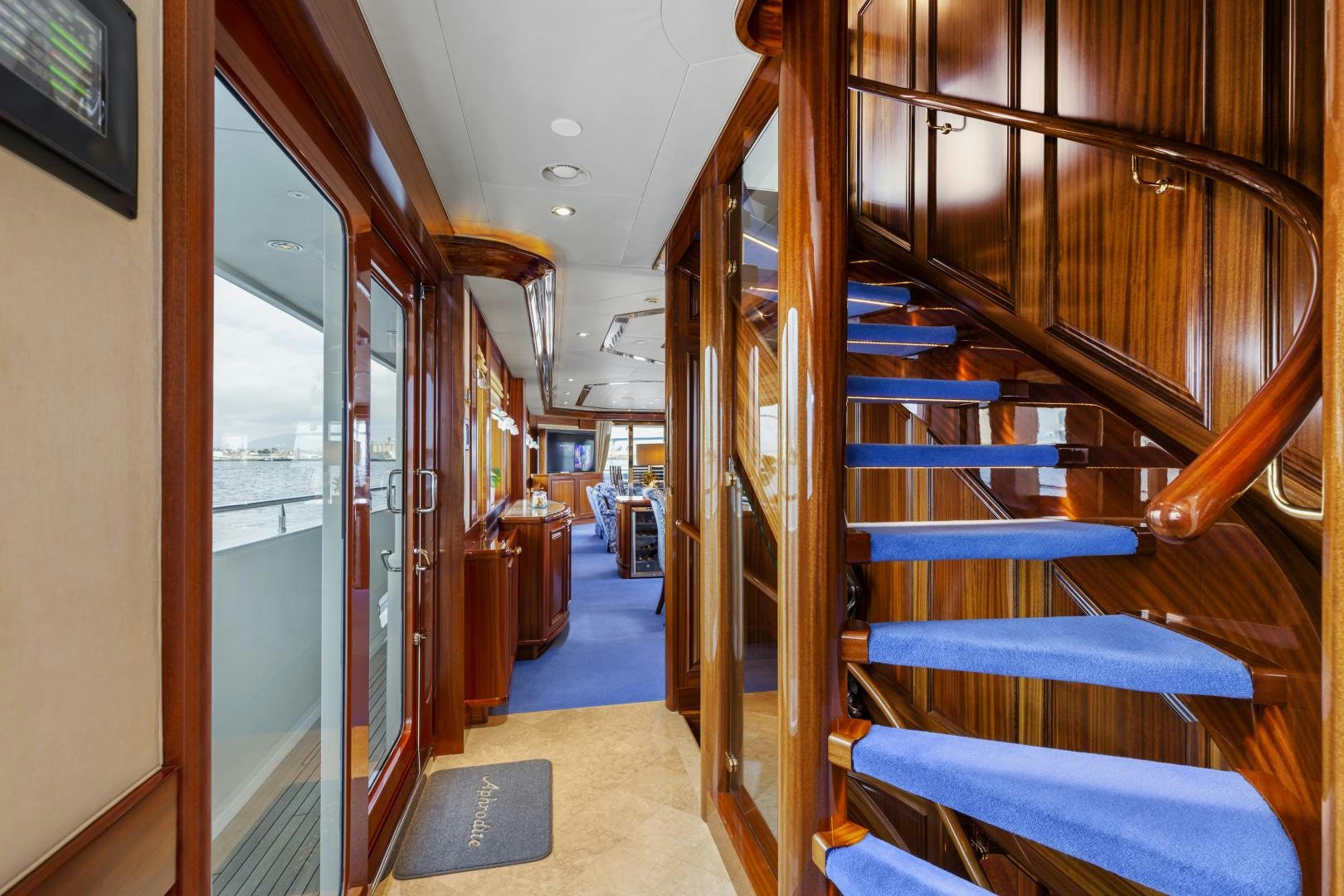 a room with wood floors and wood walls aboard APHRODITE Yacht for Sale