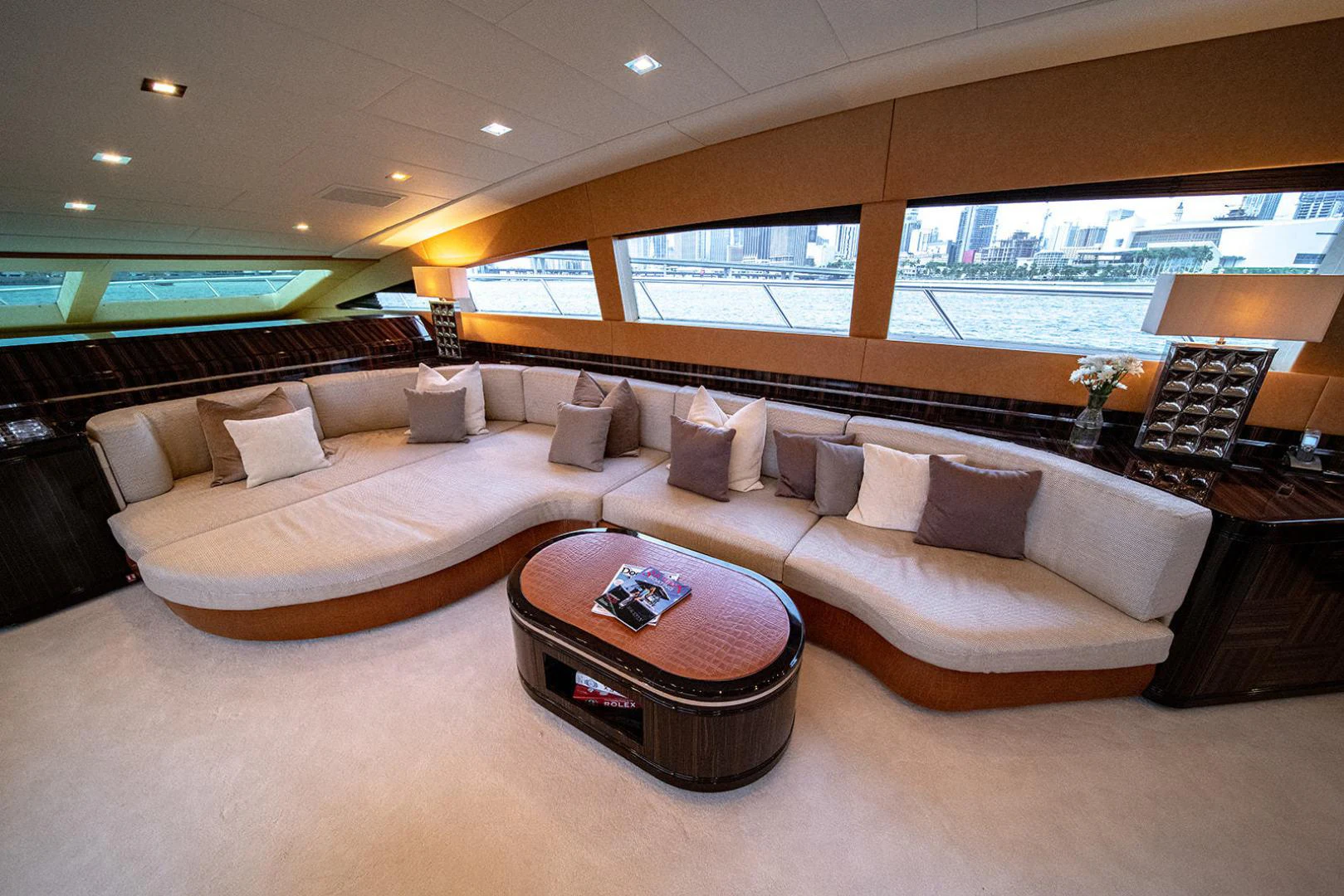a large bed in a room aboard KABIR 130S STABILIZED WITHOUT TAKING AWAY FROM PERFORMANCE (COPY) Yacht for Sale