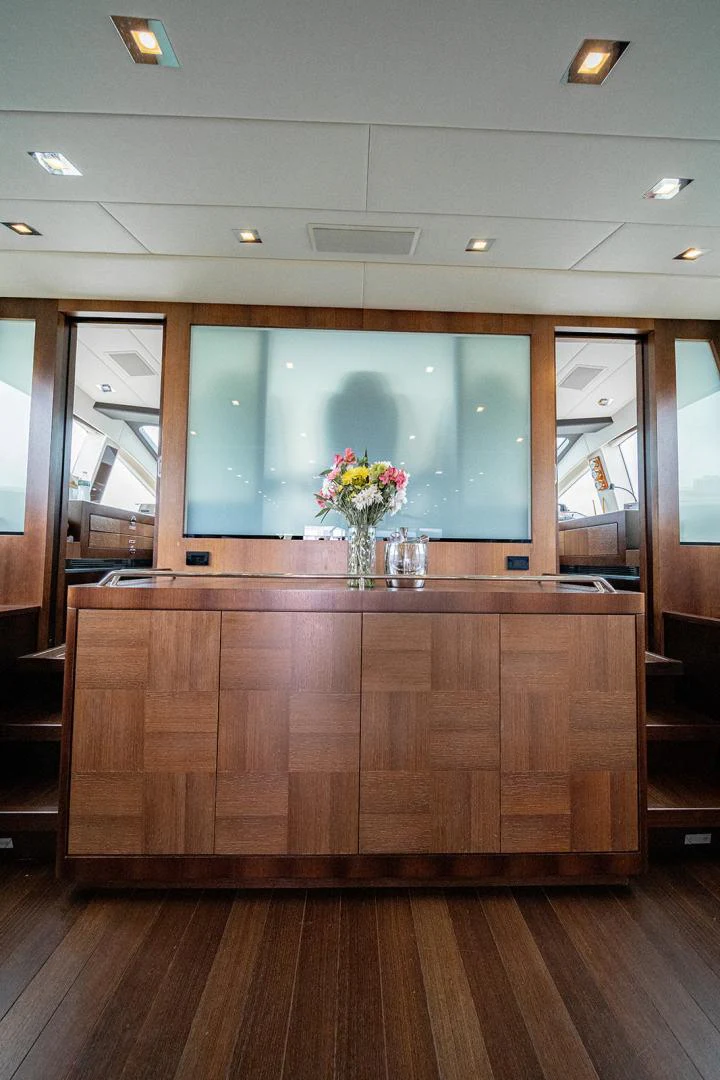 a large kitchen with a large window aboard KABIR 130S STABILIZED WITHOUT TAKING AWAY FROM PERFORMANCE (COPY) Yacht for Sale