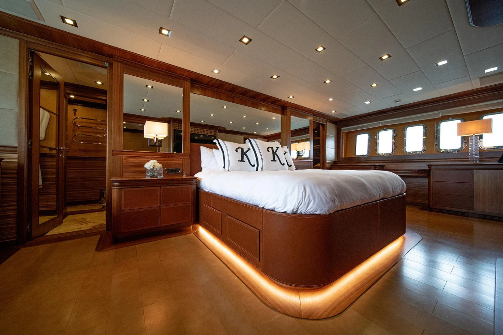 a bed in a room aboard KABIR 130S STABILIZED WITHOUT TAKING AWAY FROM PERFORMANCE (COPY) Yacht for Sale