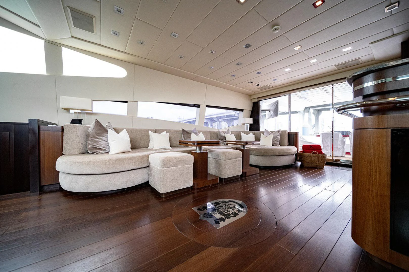 a living room with a wood floor aboard KABIR 130S STABILIZED WITHOUT TAKING AWAY FROM PERFORMANCE (COPY) Yacht for Sale