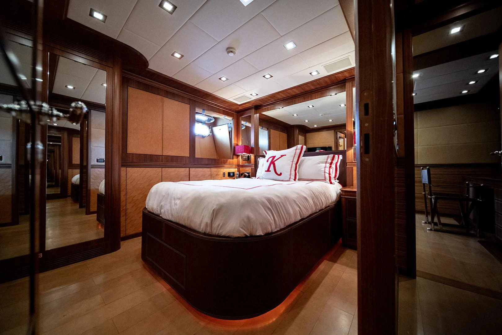 a bed in a room aboard KABIR 130S STABILIZED WITHOUT TAKING AWAY FROM PERFORMANCE (COPY) Yacht for Sale