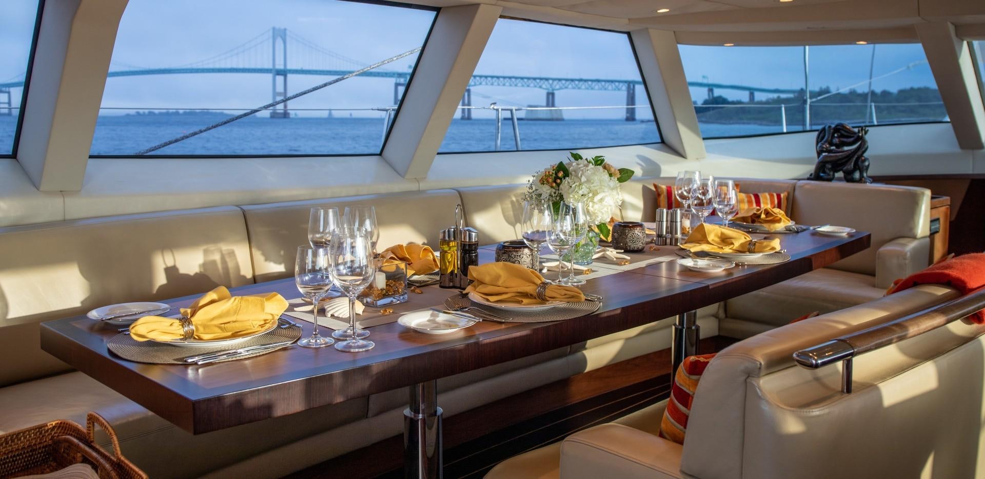 a table with food on it aboard MIA CARA Yacht for Sale