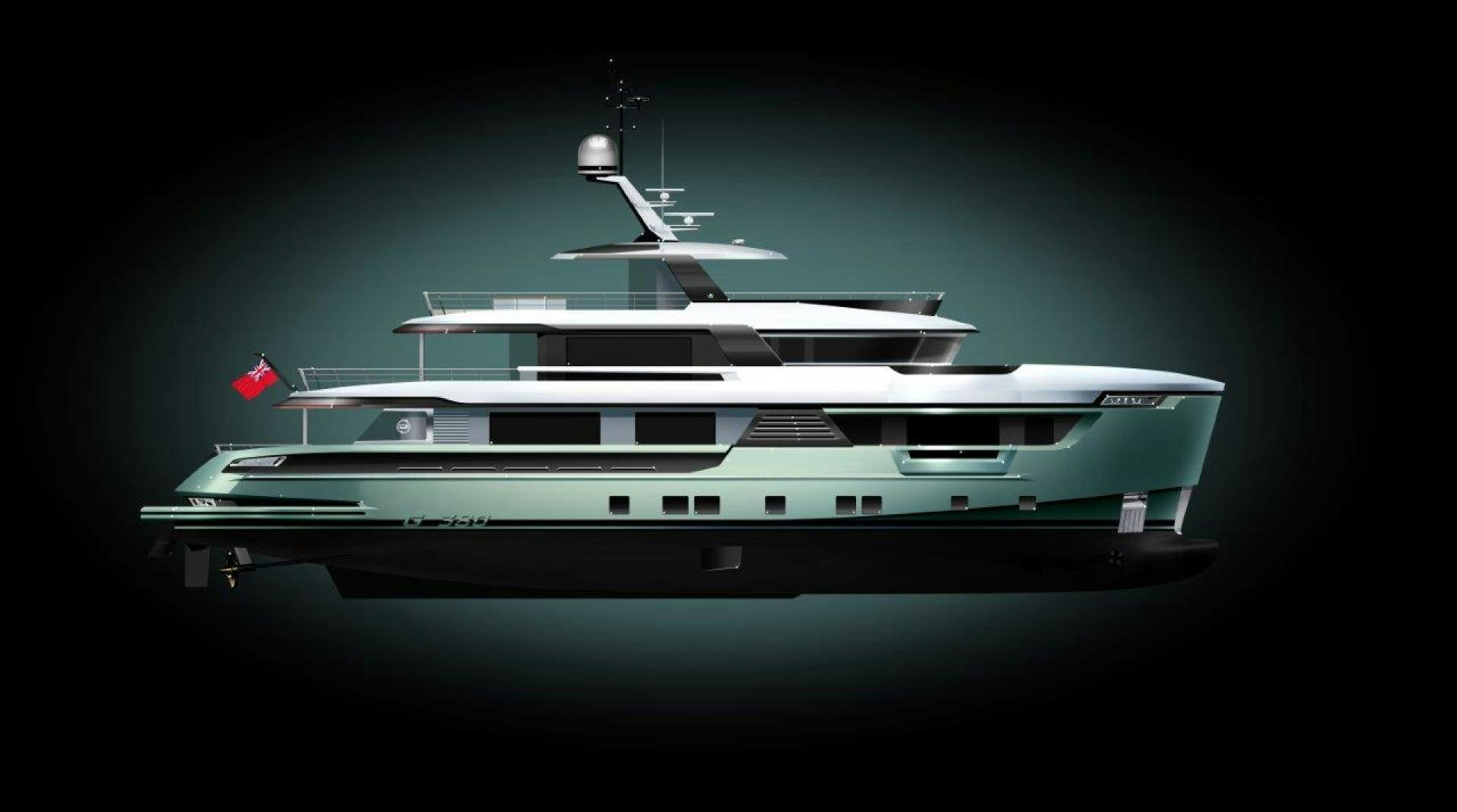 a black and white boat aboard G 380 Yacht for Sale