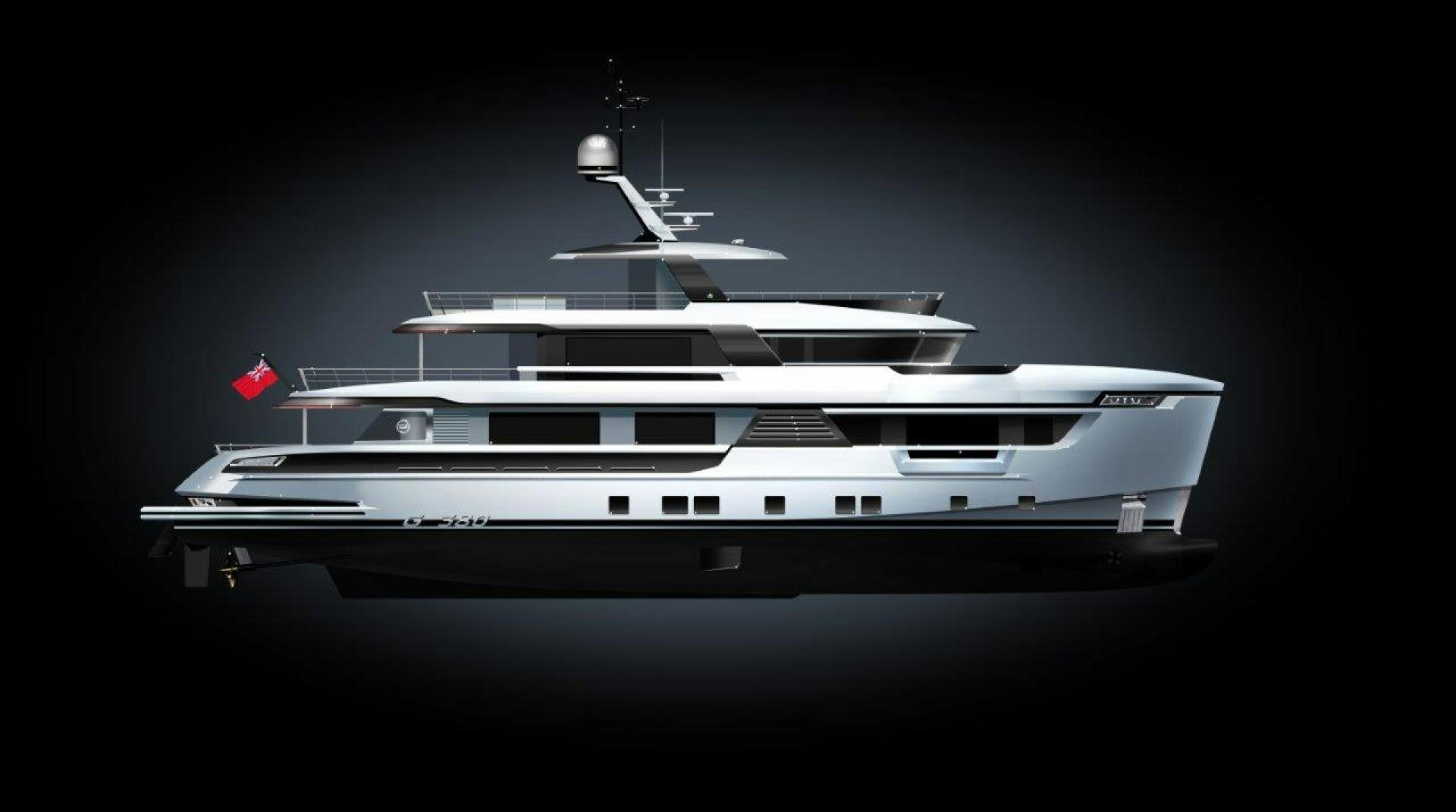 a white boat with a red flag on it aboard G 380 Yacht for Sale