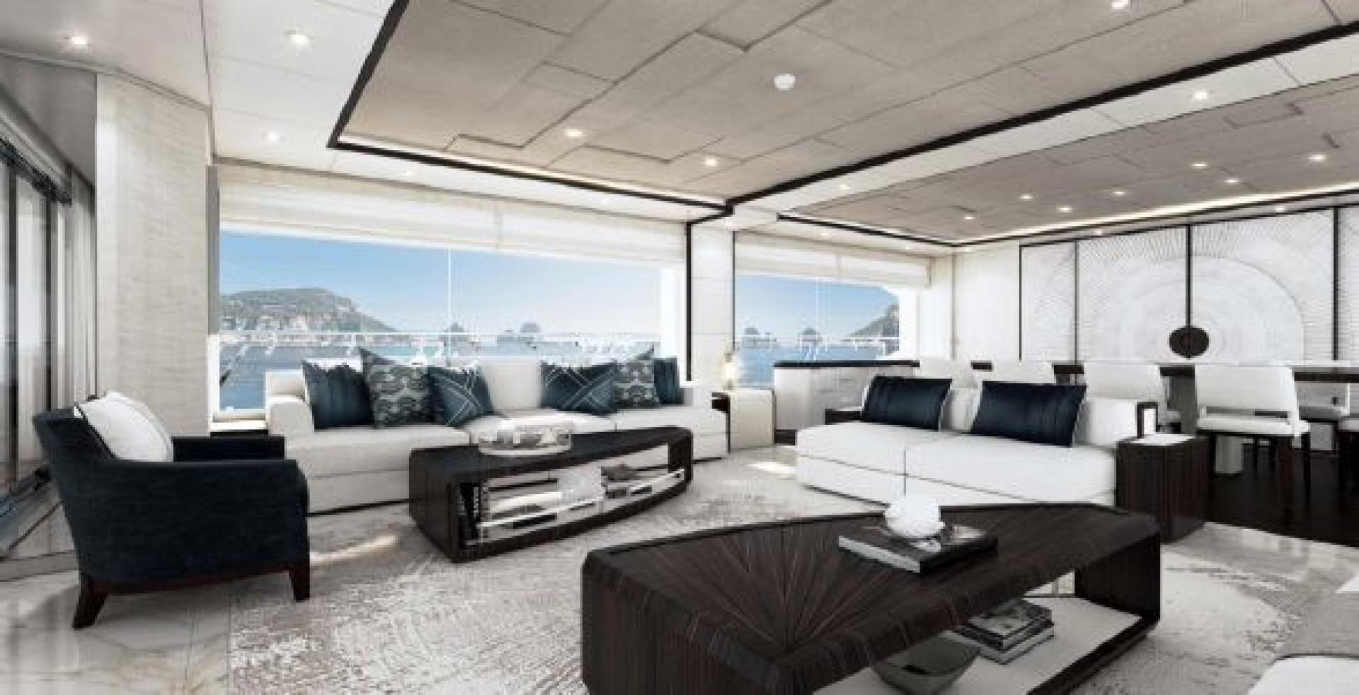a large living room with a large window aboard No Name Yacht for Sale