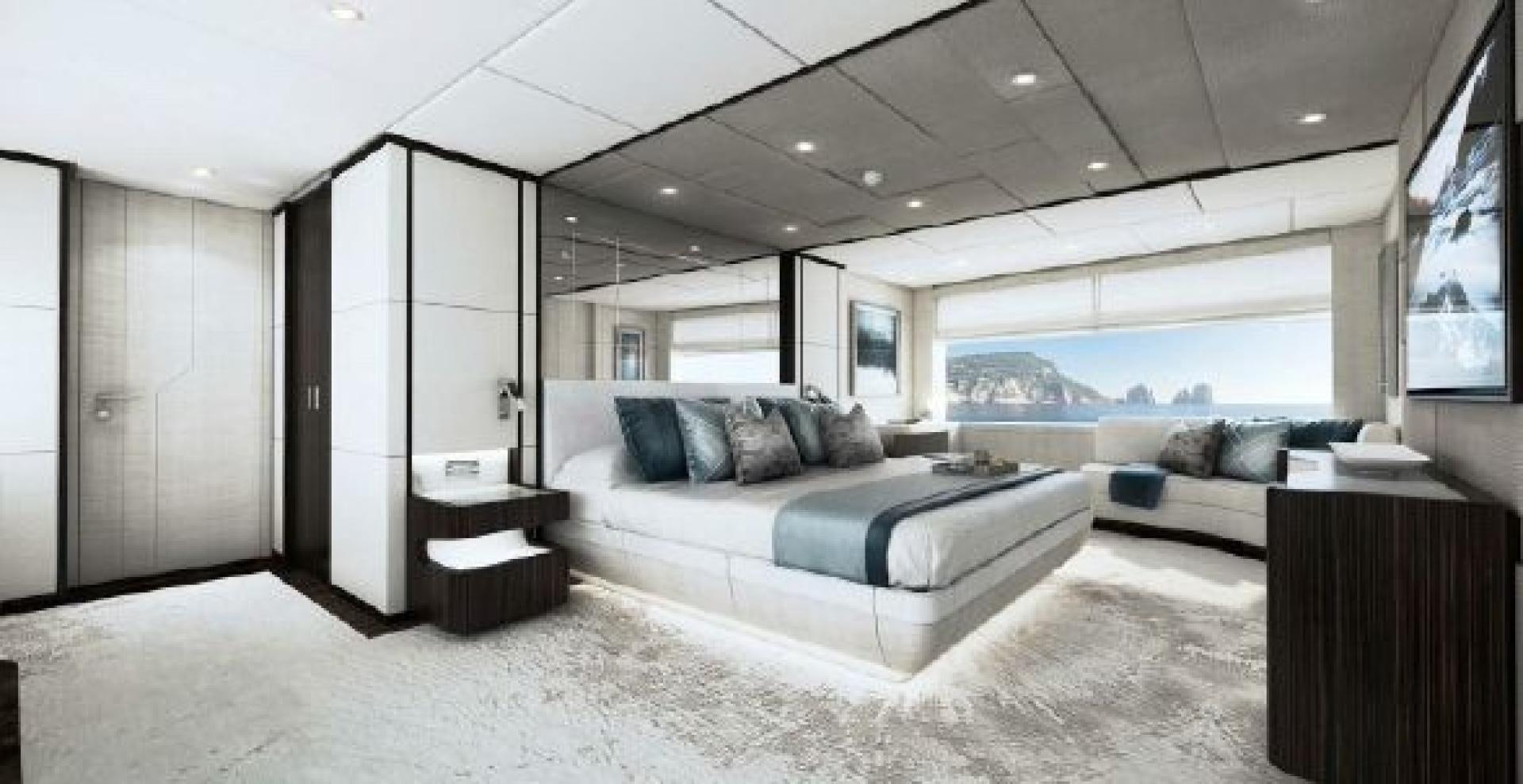 a large bedroom with a large bed aboard No Name Yacht for Sale
