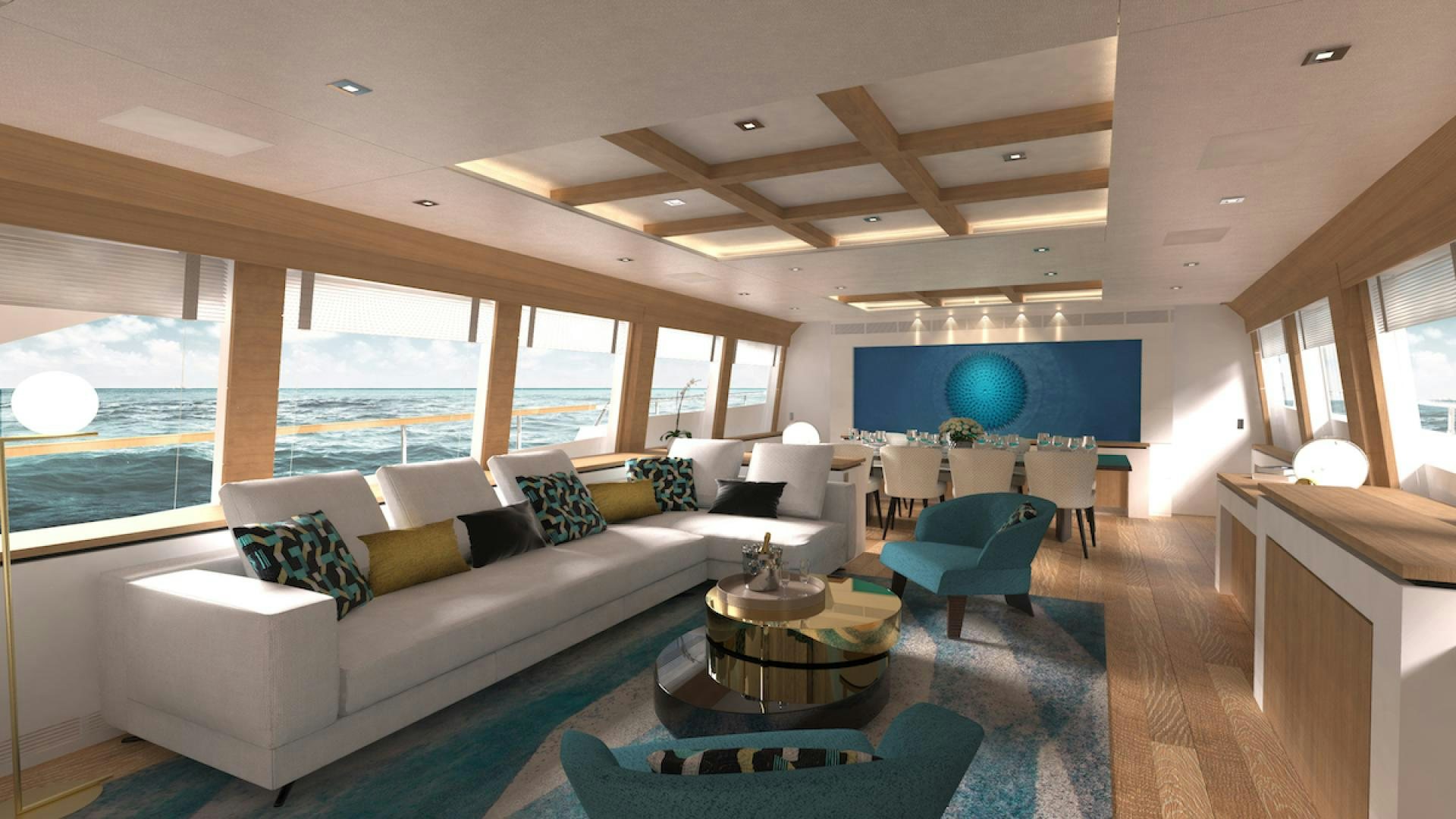a living room with a large window aboard No Name Yacht for Sale