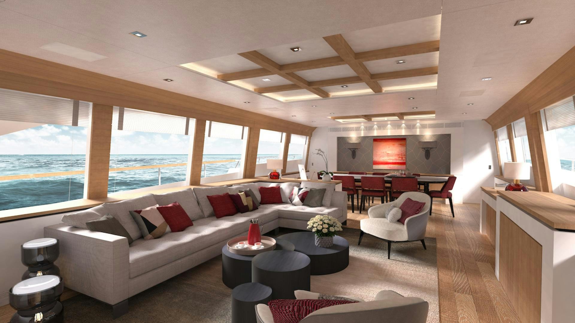 a living room with a large window aboard No Name Yacht for Sale