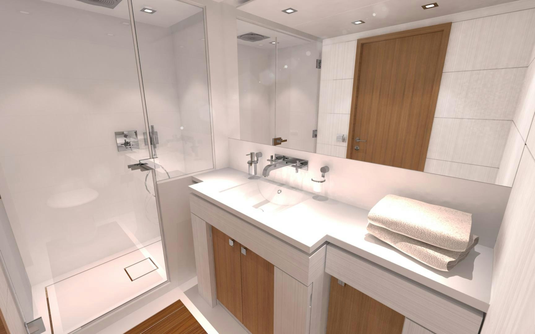 a bathroom with a countertop sink and mirror aboard No Name Yacht for Sale