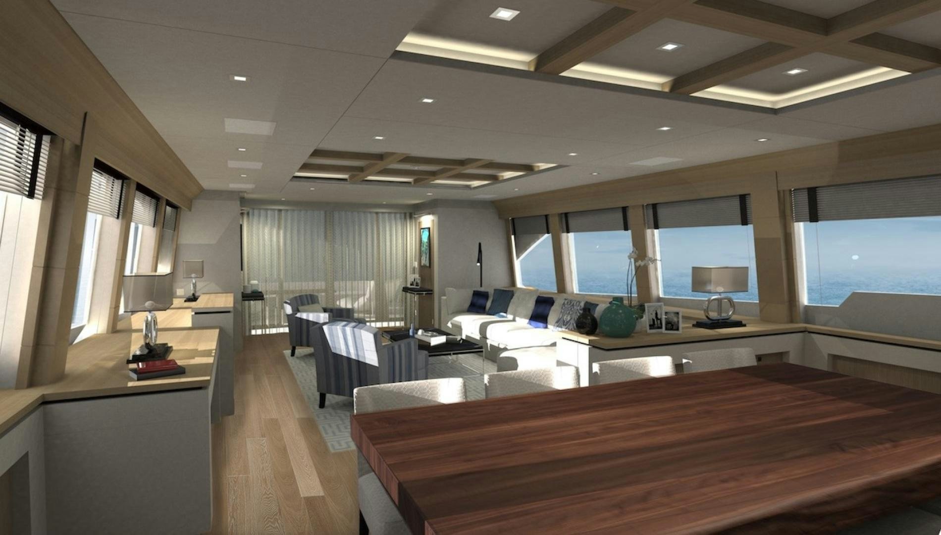 a room with a large wooden desk and a large window aboard No Name Yacht for Sale