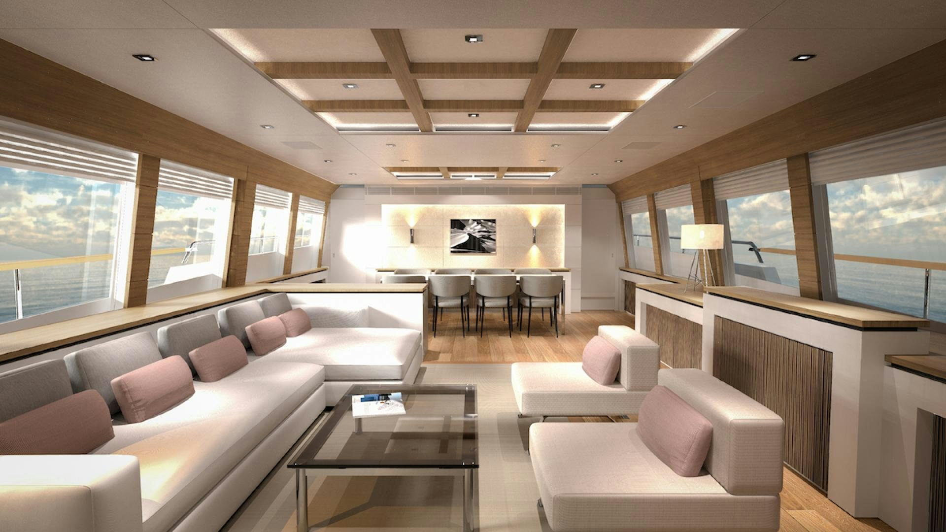 a living room with a large window aboard No Name Yacht for Sale