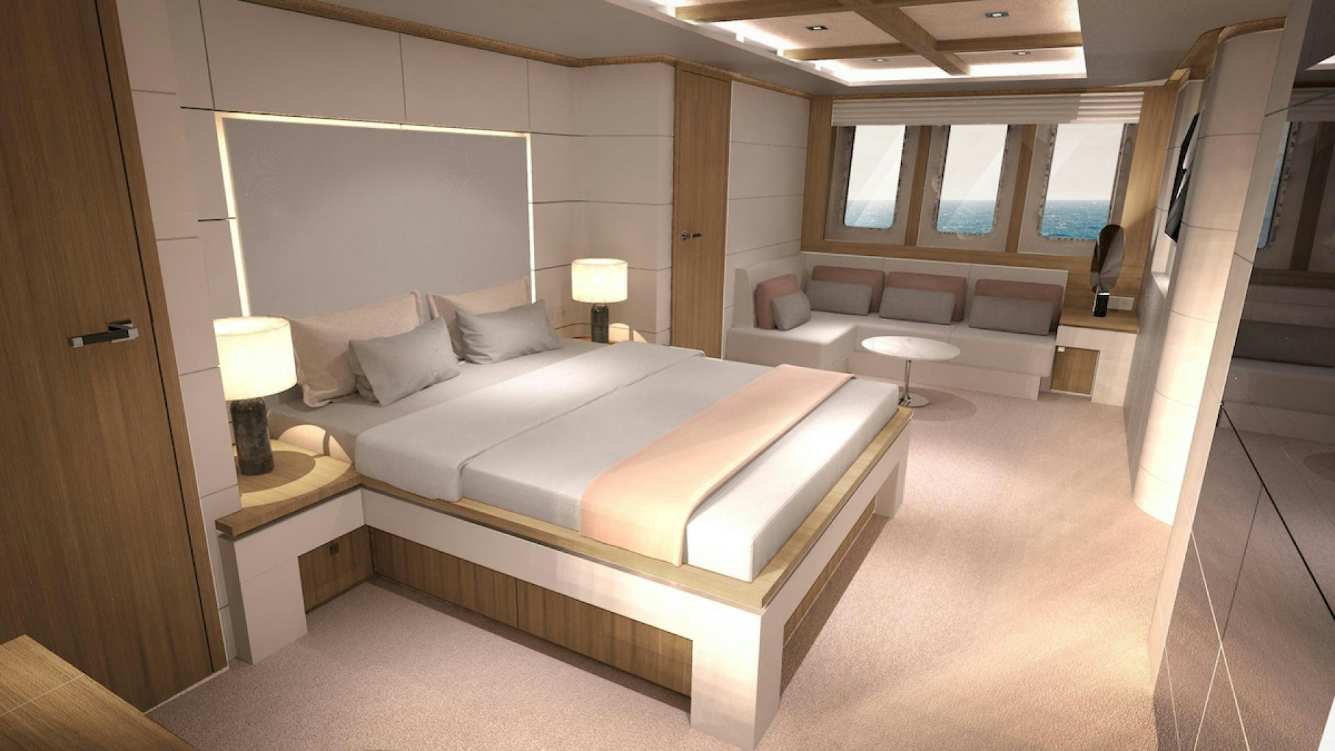 a room with a bed and a desk aboard No Name Yacht for Sale