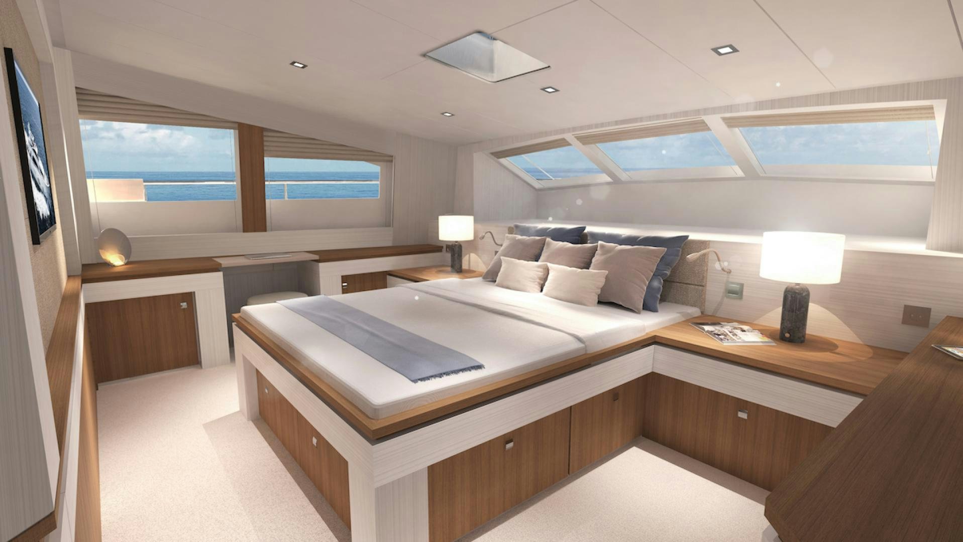 a room with a bed and a desk aboard No Name Yacht for Sale