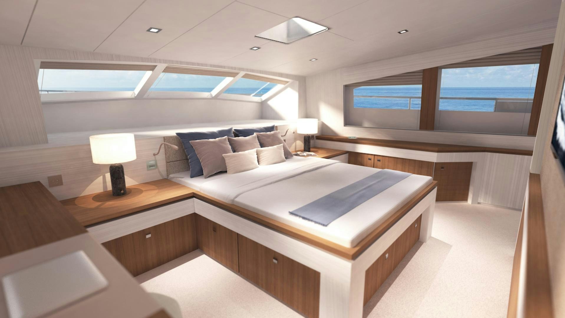 a room with a bed and a window aboard No Name Yacht for Sale