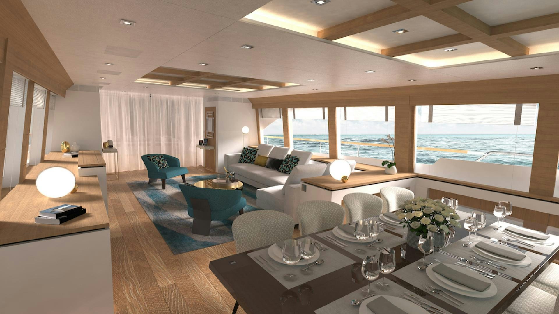 a large room with a table and chairs aboard No Name Yacht for Sale