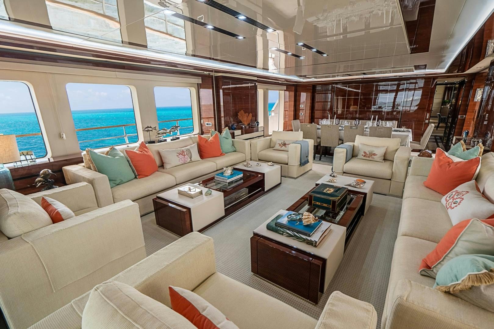 a living room with a large window aboard No Name Yacht for Sale
