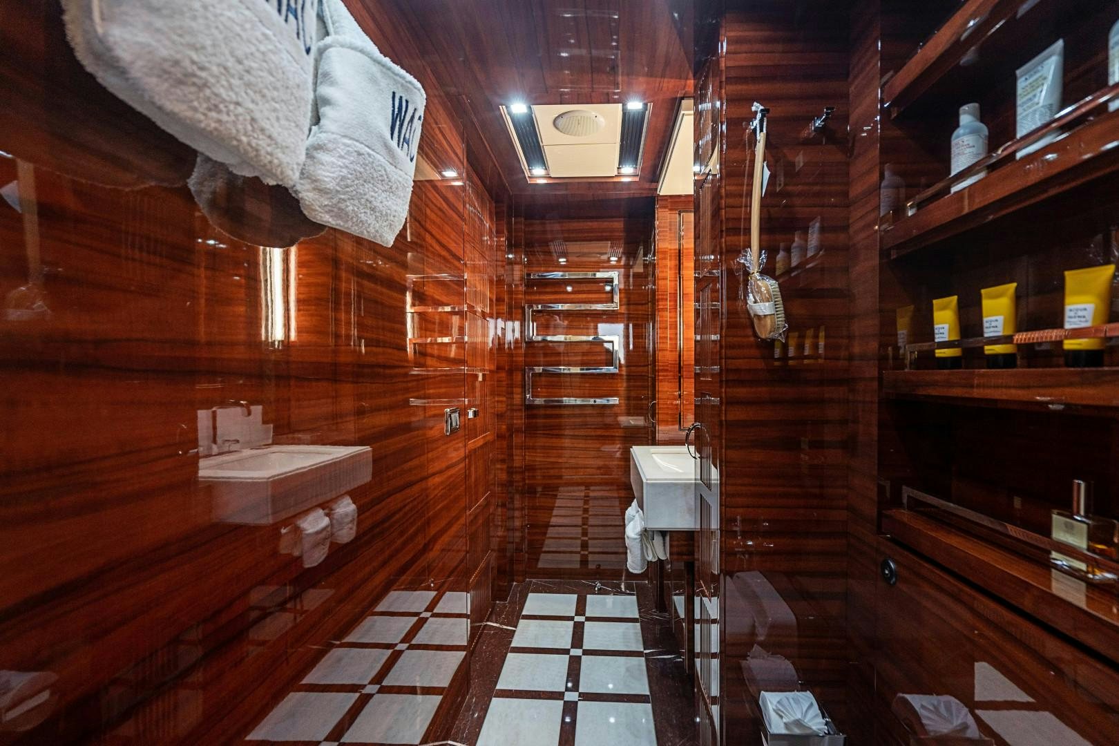 a room with wood floors and a tile floor aboard No Name Yacht for Sale