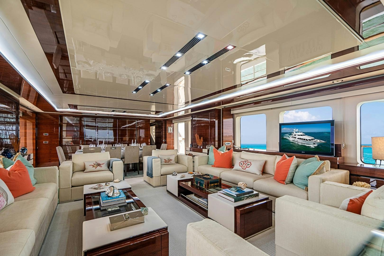 a living room with a large window aboard No Name Yacht for Sale