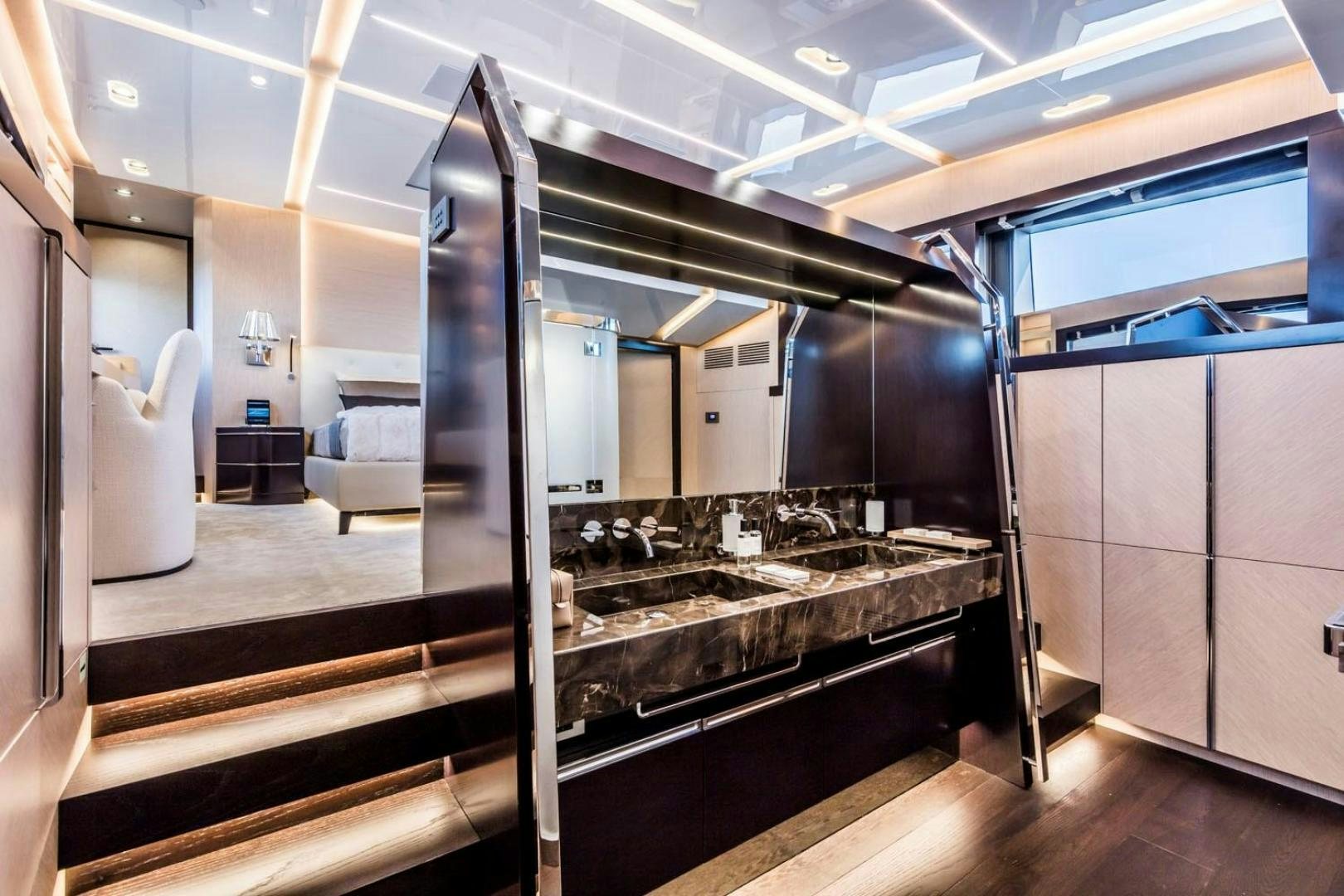a kitchen with a large stainless steel sink aboard CLORINDA Yacht for Sale