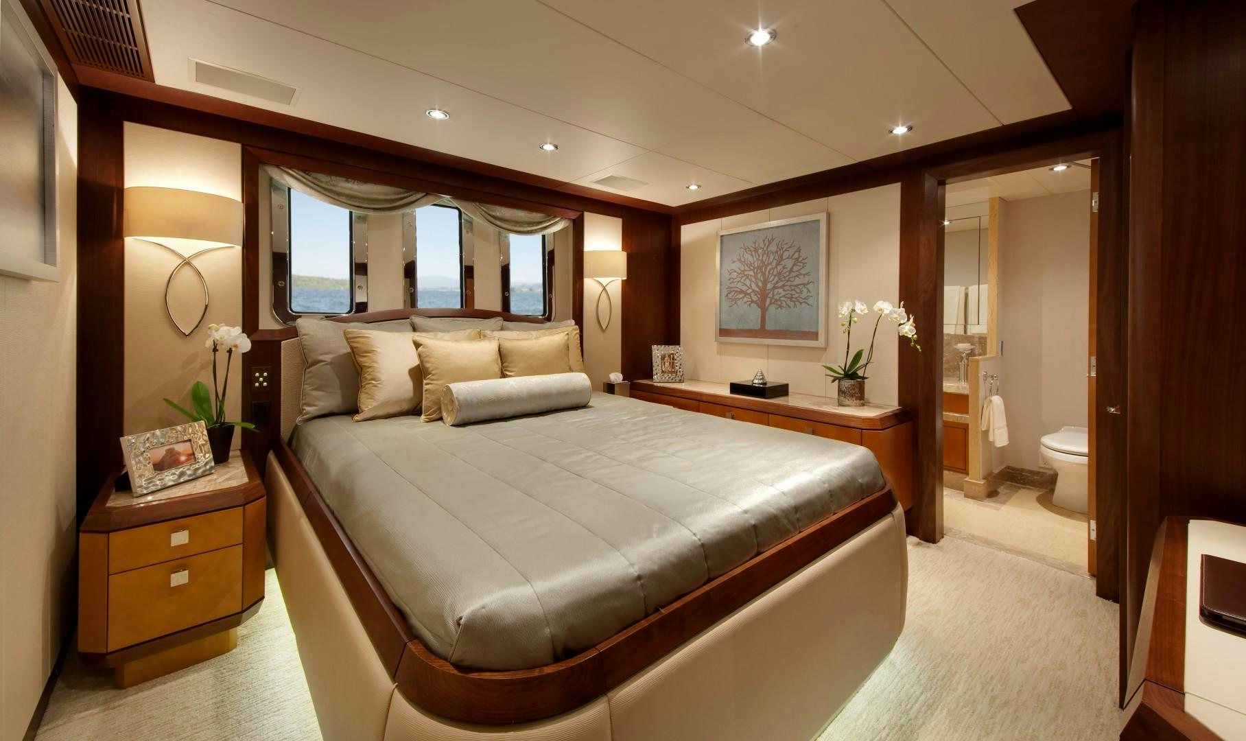 a bed in a room aboard DREAM WEAVER Yacht for Sale