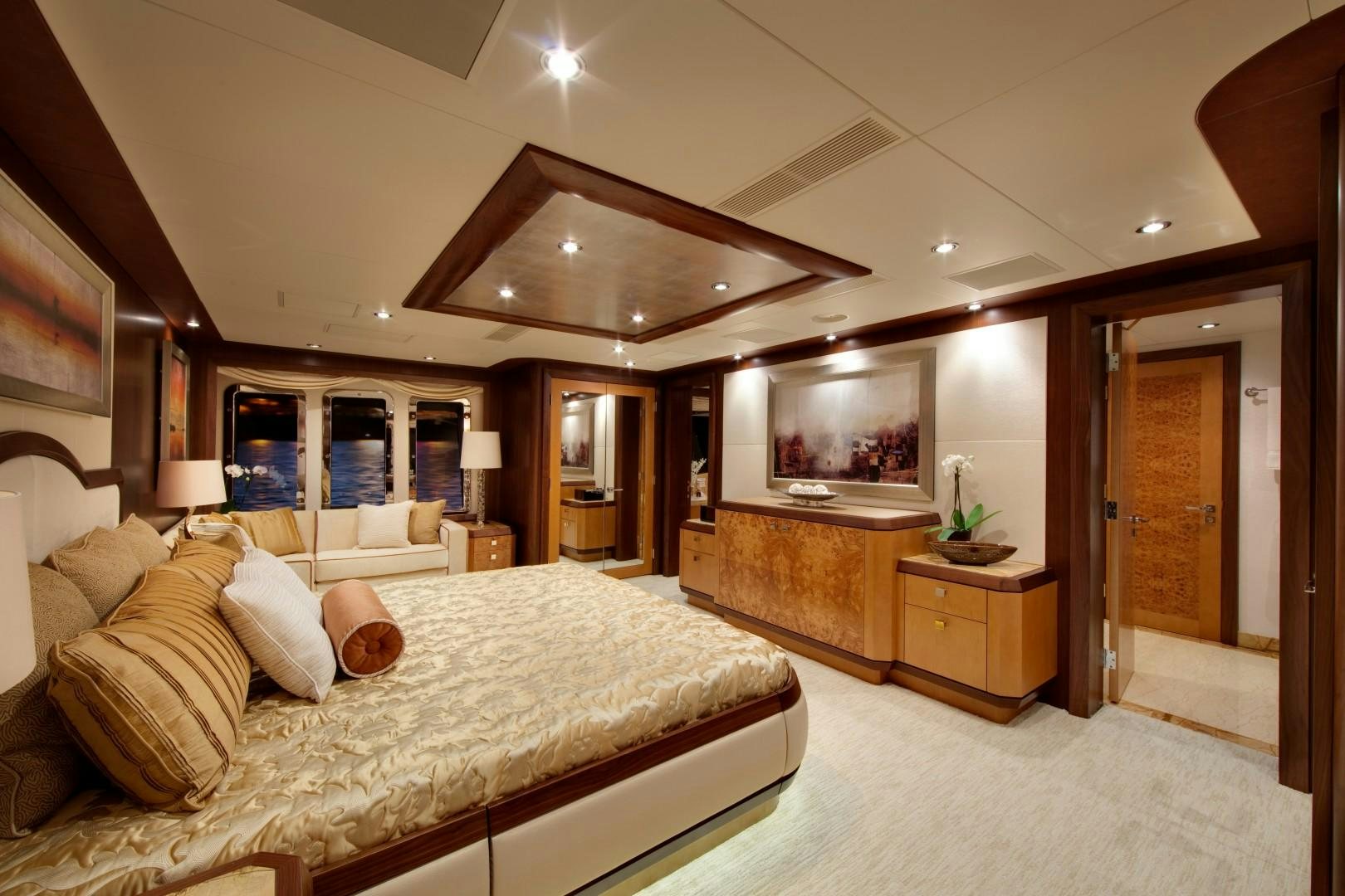 a large bedroom with a large bed aboard DREAM WEAVER Yacht for Sale