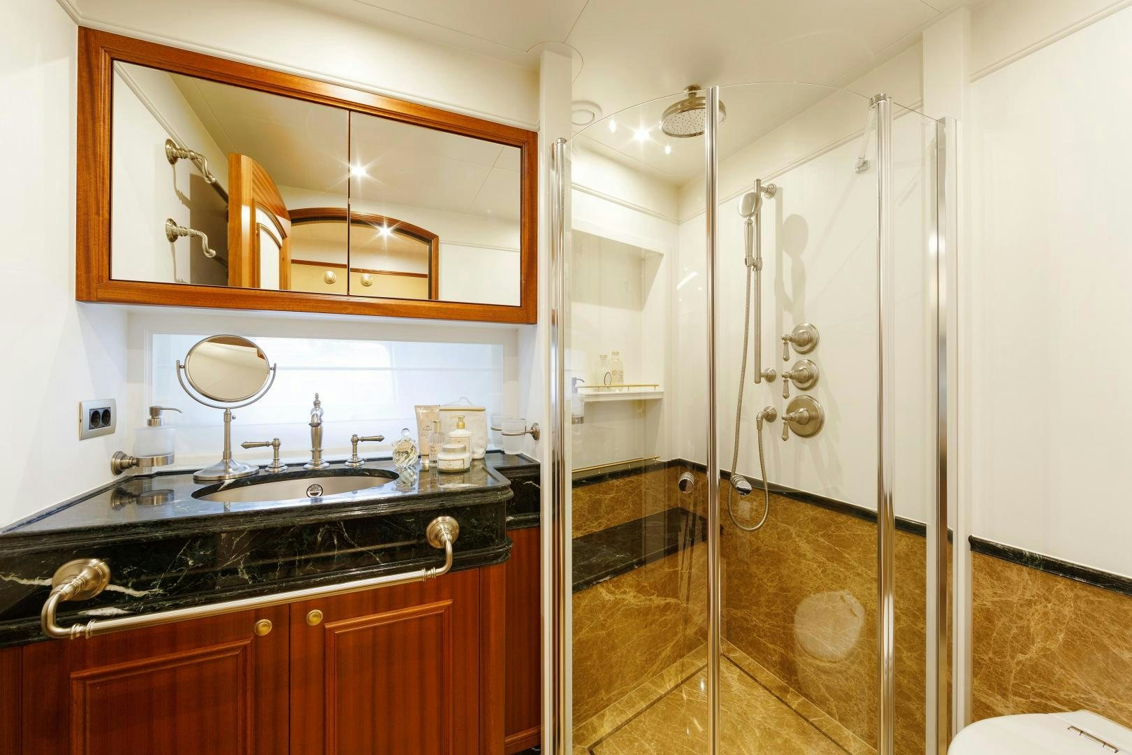 a bathroom with a glass shower aboard NO NAME Yacht for Sale