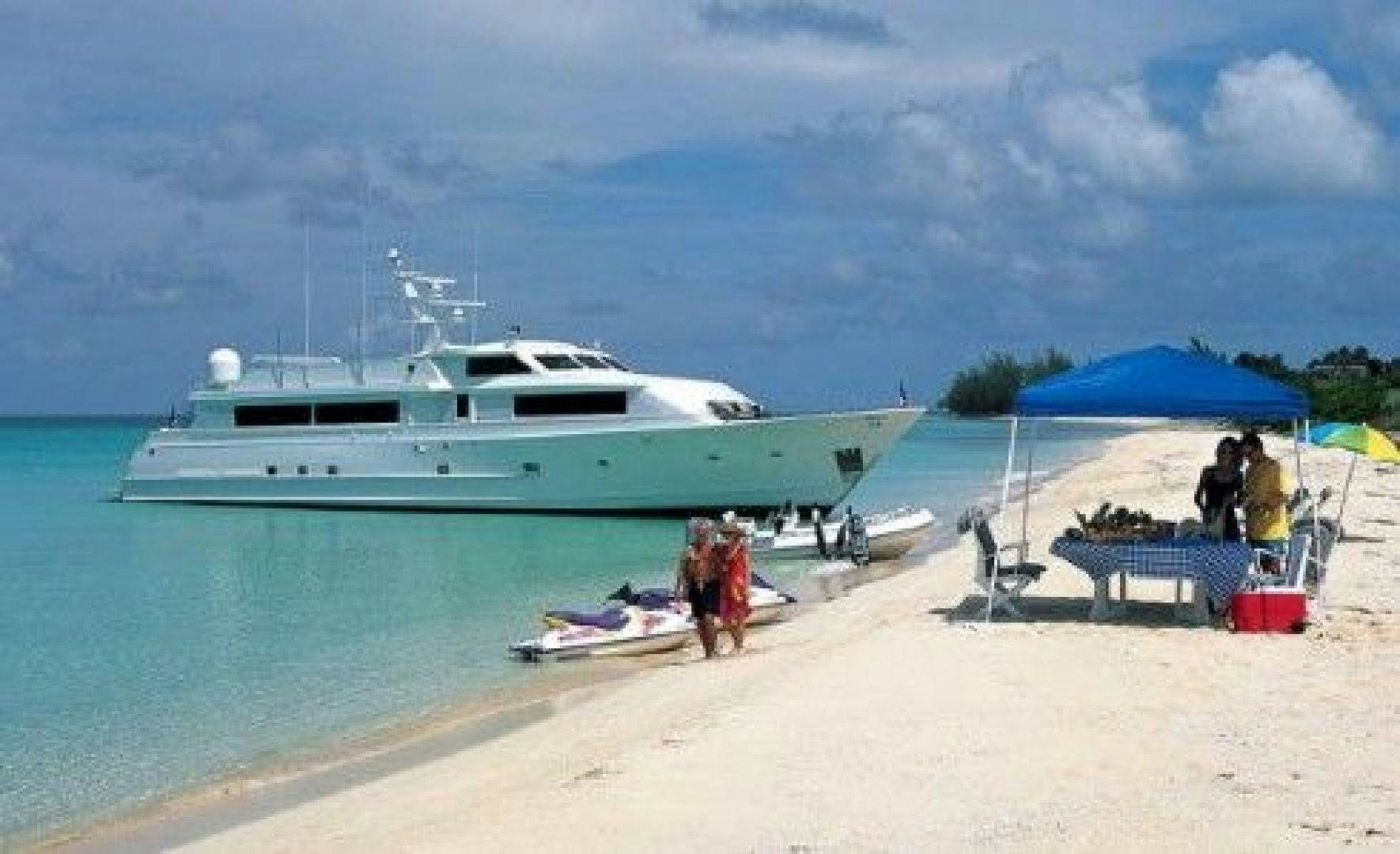 a group of people on a beach by a large boat aboard THUNDERBALL Yacht for Sale
