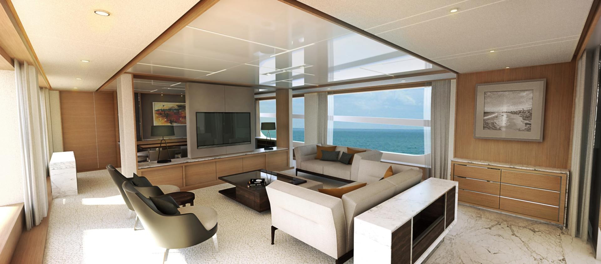 a living room with a large window aboard JOHNSON 115/01 Yacht for Sale