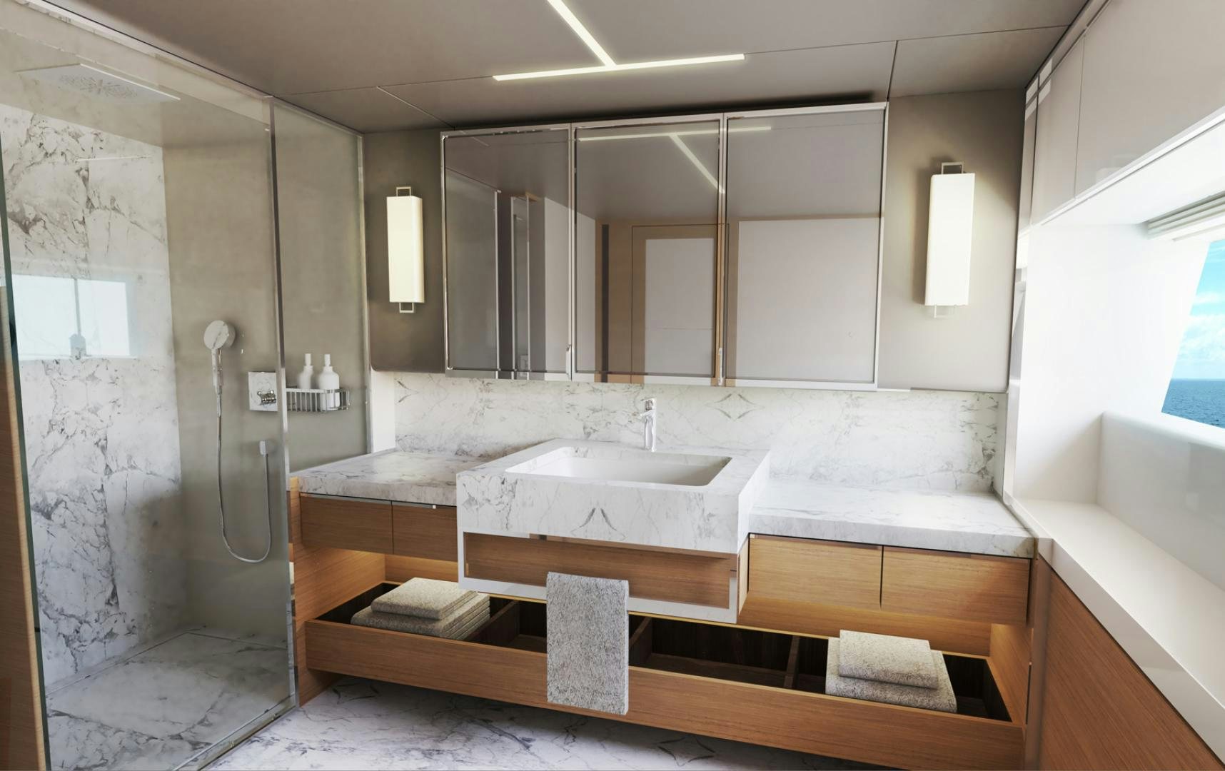 a bathroom with a large tub aboard JOHNSON 115/01 Yacht for Sale