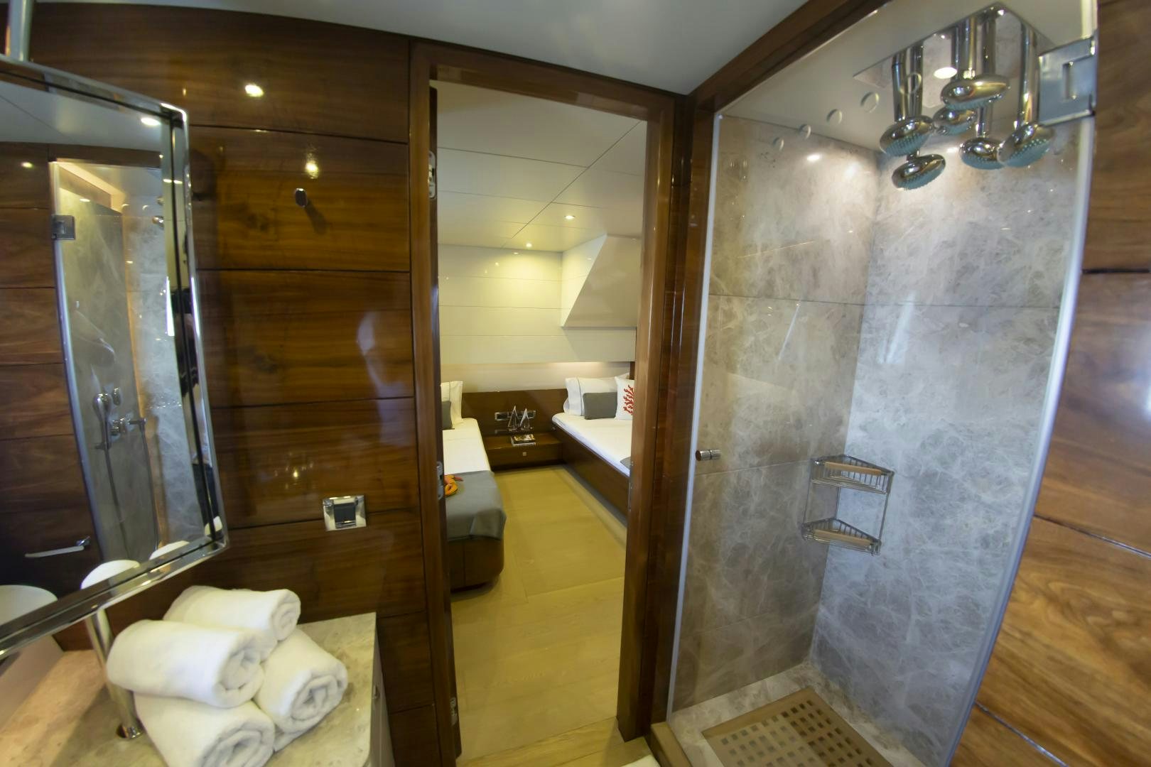 a room with a glass wall aboard MUSIC Yacht for Sale