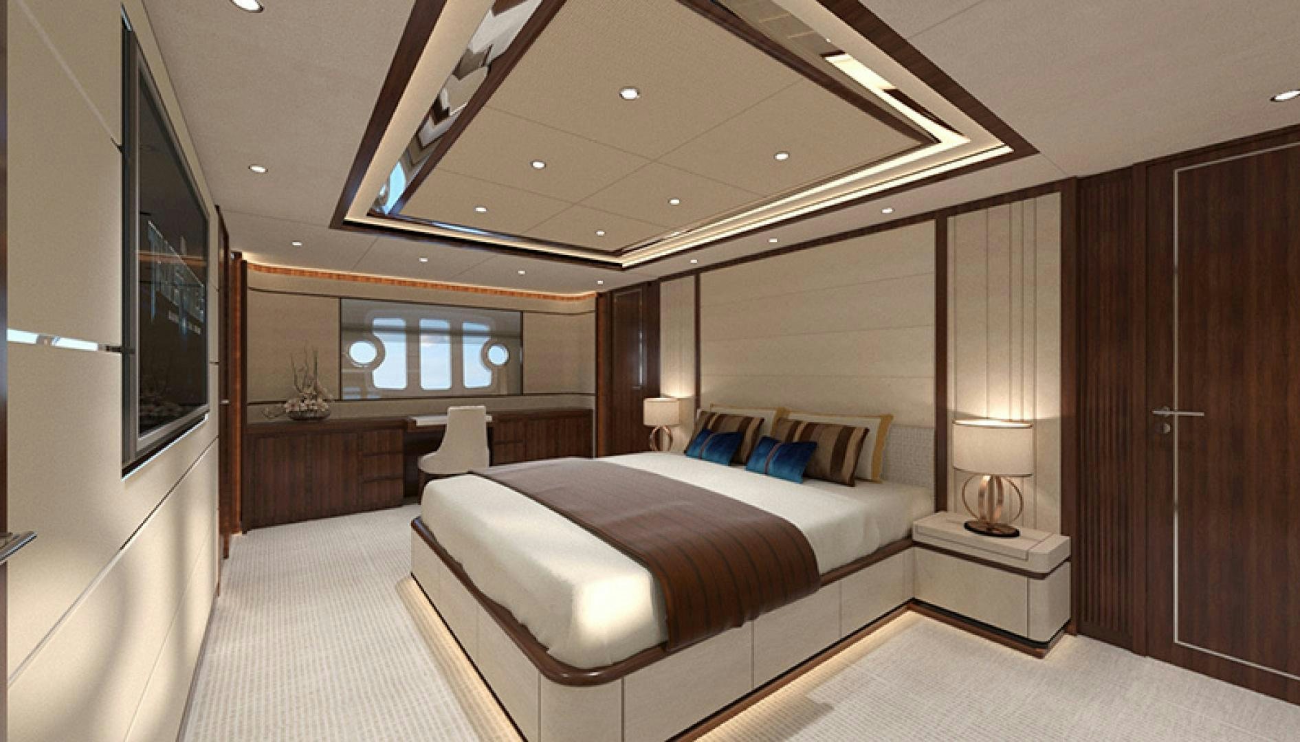 a room with a bed and a desk aboard ASTERIA 112/02 Yacht for Sale