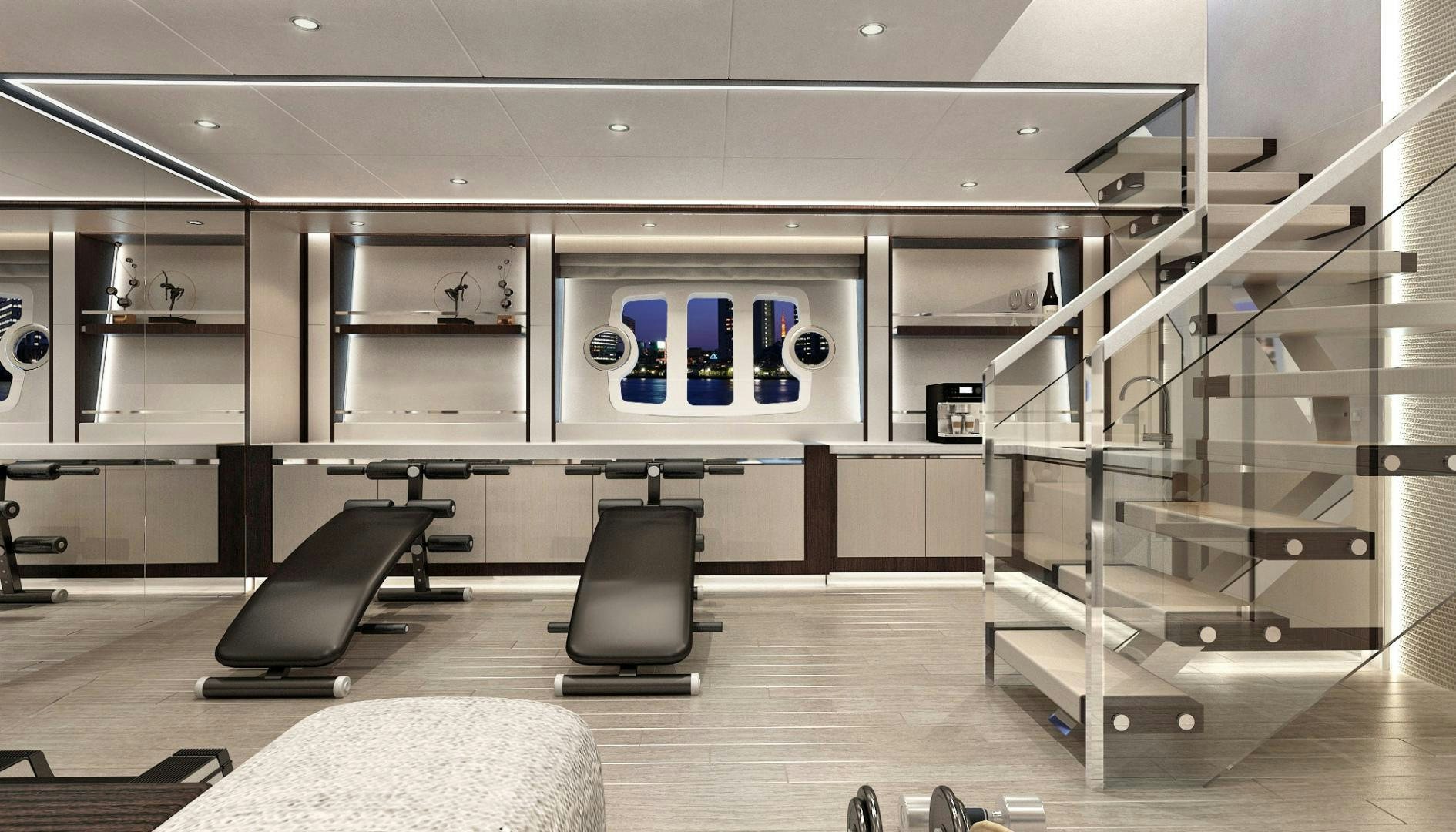 a room with a large glass display case and a chair aboard ASTERIA 112/02 Yacht for Sale