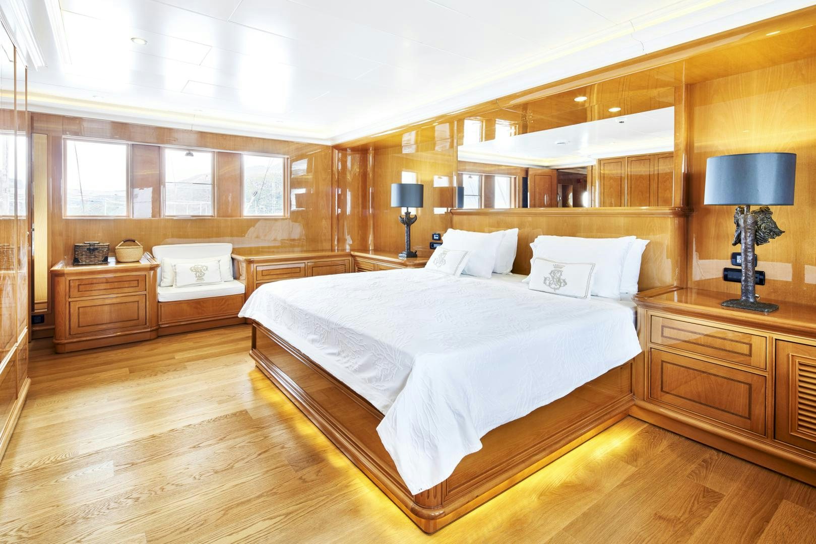 a large bedroom with a large bed aboard OLDE SALT Yacht for Sale