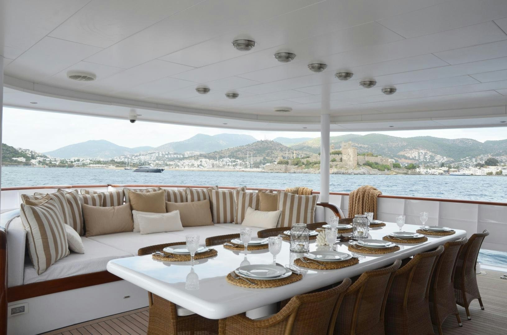 a table set for a meal aboard OLDE SALT Yacht for Sale