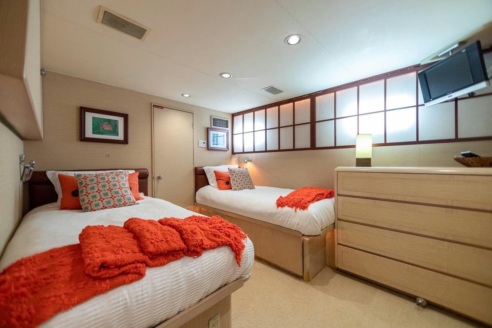 a room with two beds aboard ISLAND TIME Yacht for Sale