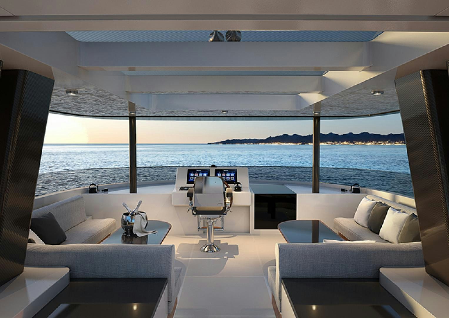 a room with a couch and a table and a chair aboard CRESCENT 110 Yacht for Sale