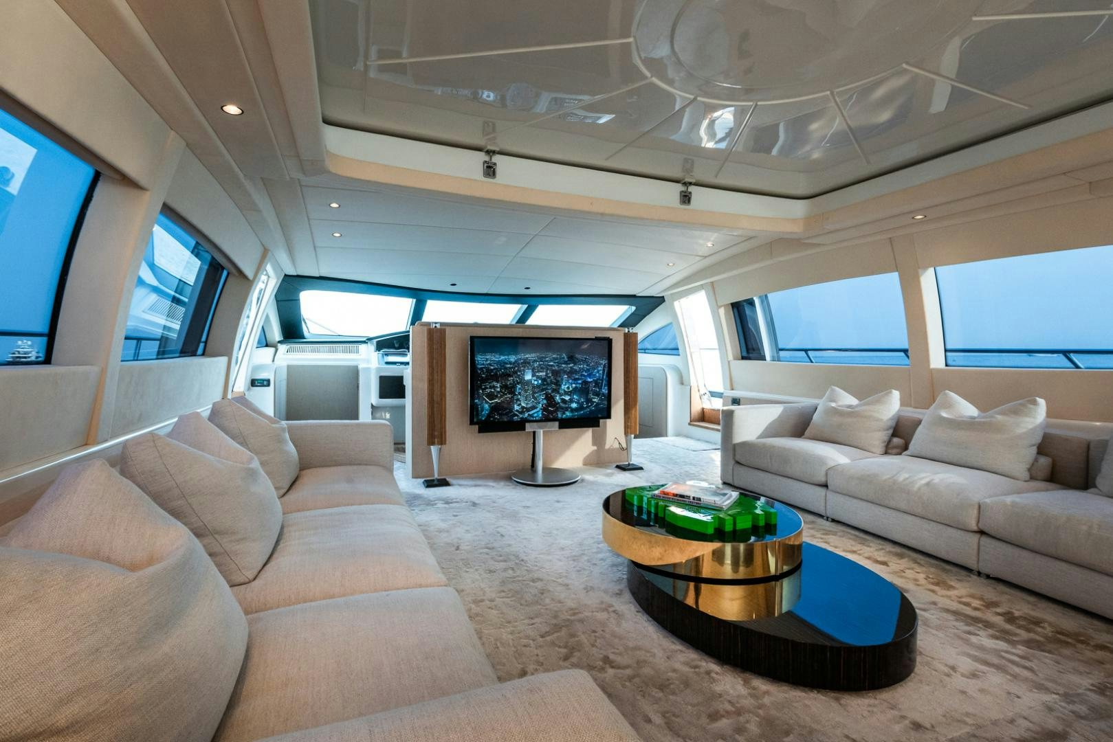 a living room with a large ceiling aboard NEOPRENE  Yacht for Sale