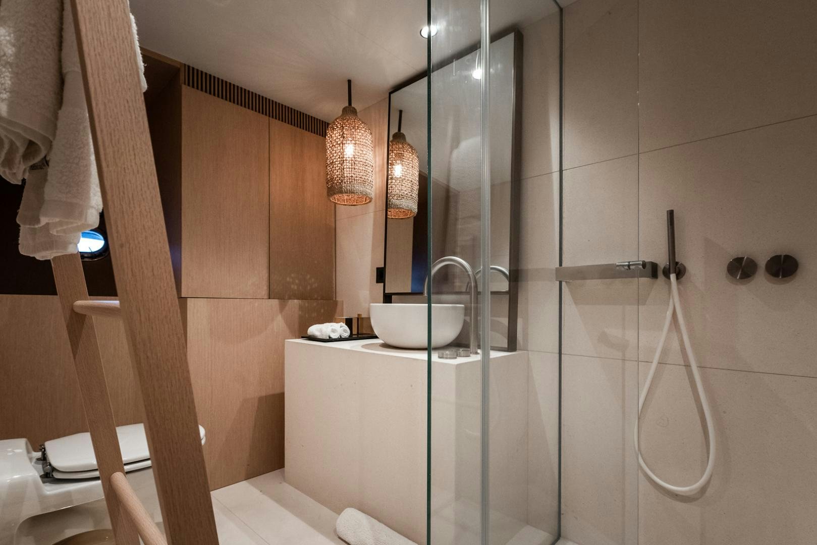 a bathroom with a glass shower aboard NEOPRENE  Yacht for Sale