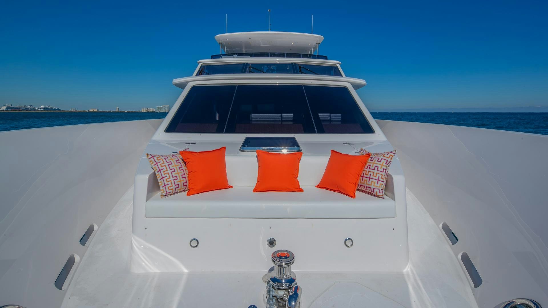 the front of a white boat aboard RISK TAKER Yacht for Sale