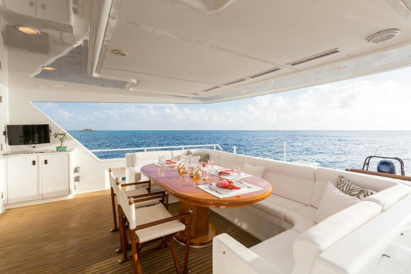 a table with food on it aboard PIRATE RADIO Yacht for Sale
