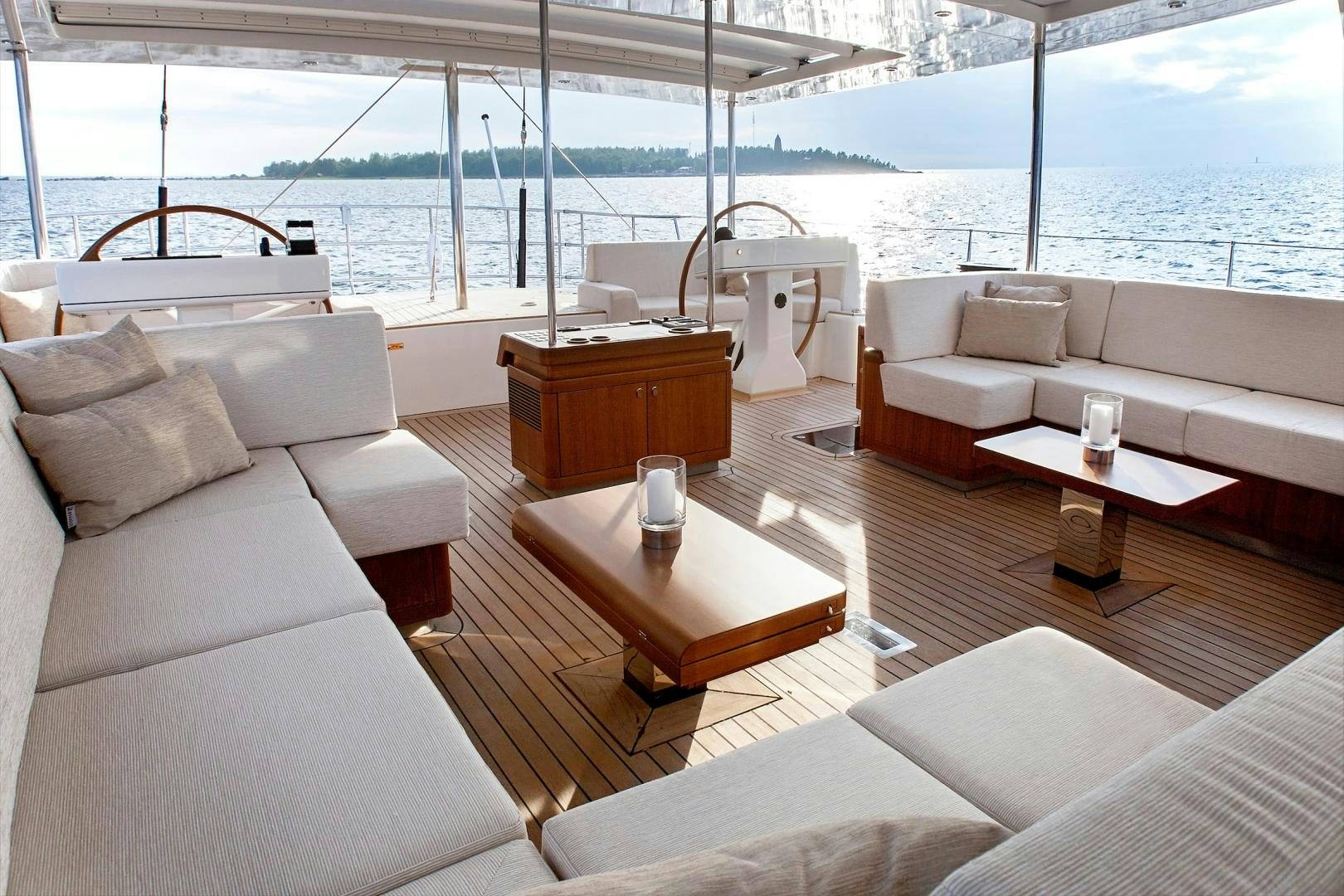 a living room with a large boat aboard CHILD OF LIR  Yacht for Sale
