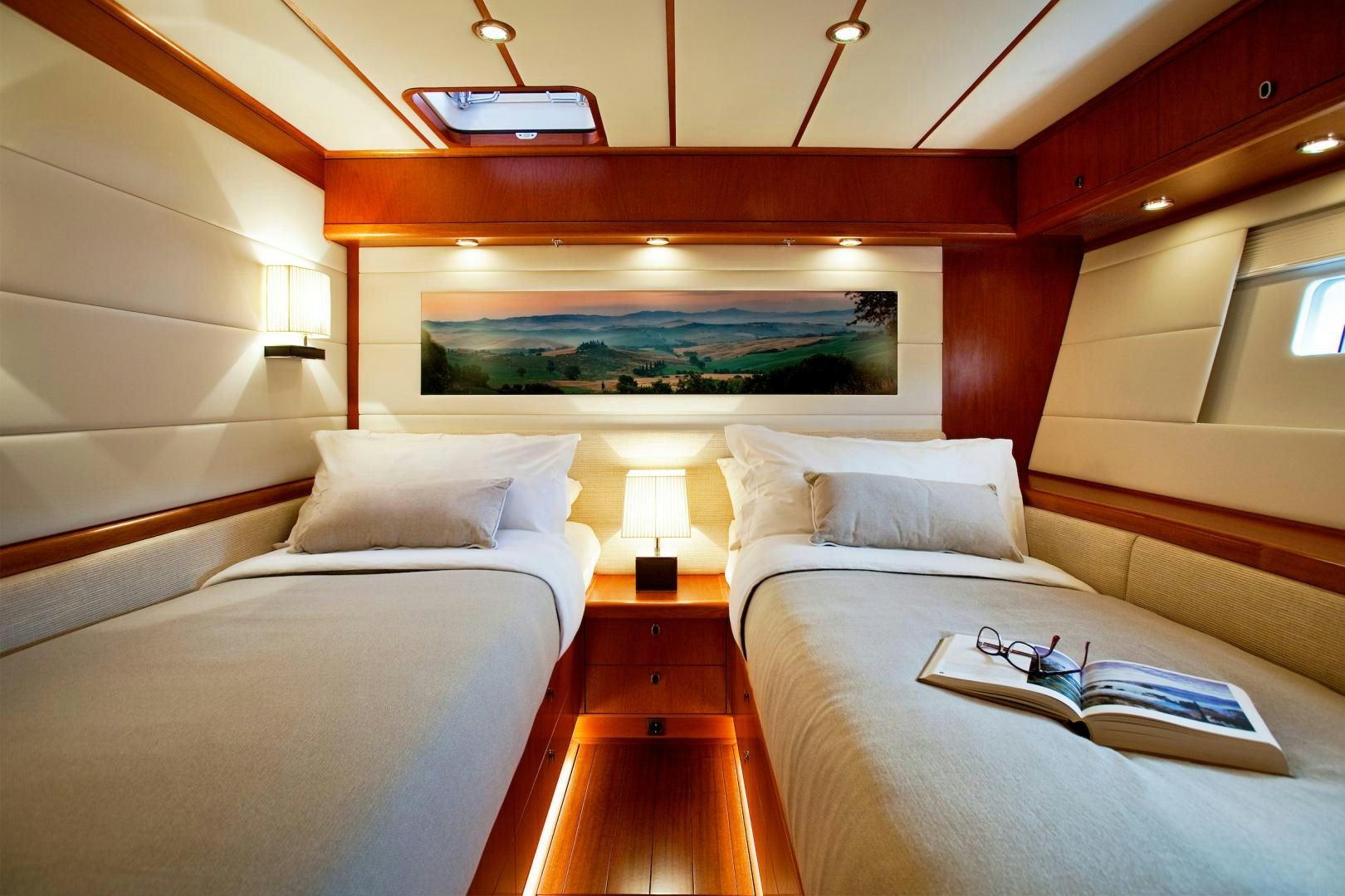 a room with two beds aboard CHILD OF LIR  Yacht for Sale