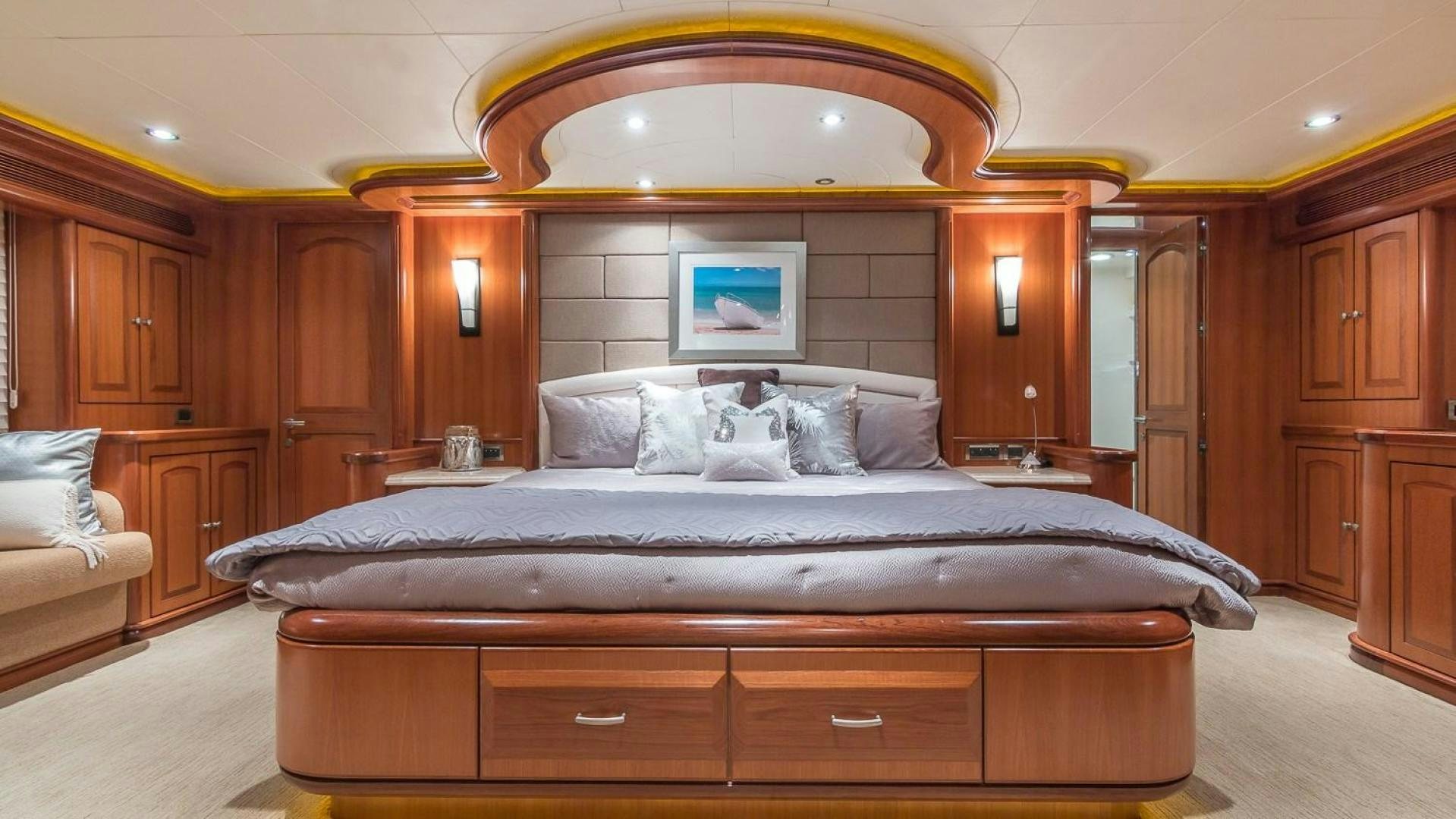 a bed in a room aboard D FENCE Yacht for Sale