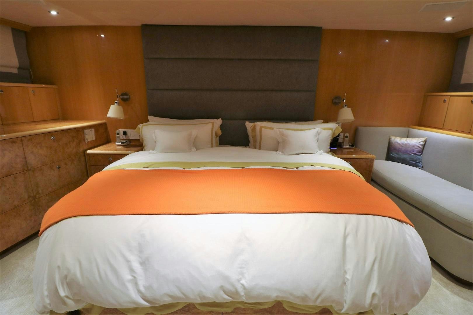 a hotel room with two beds aboard No Name Yacht for Sale
