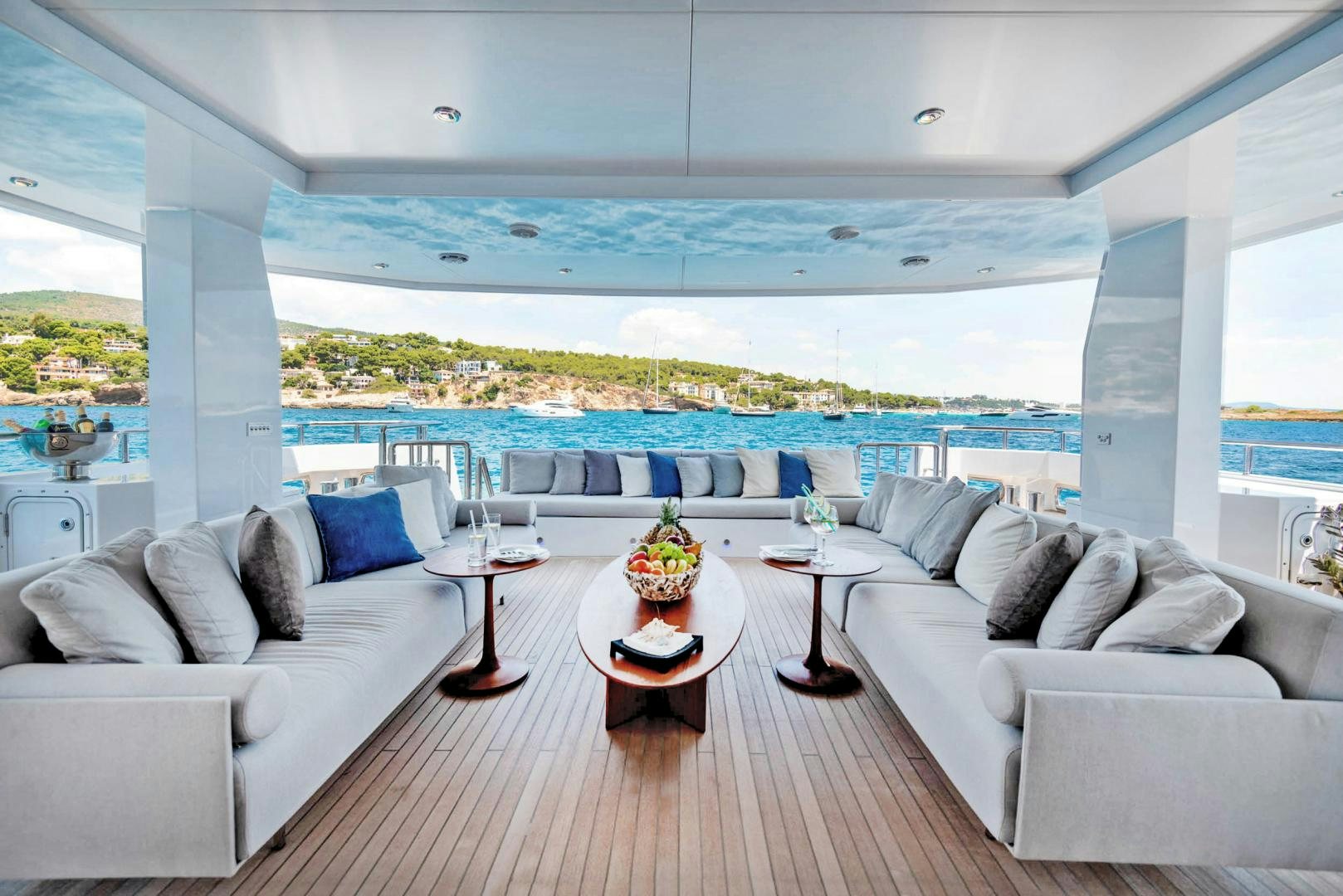 a living room with a large window aboard CURFEW II Yacht for Sale