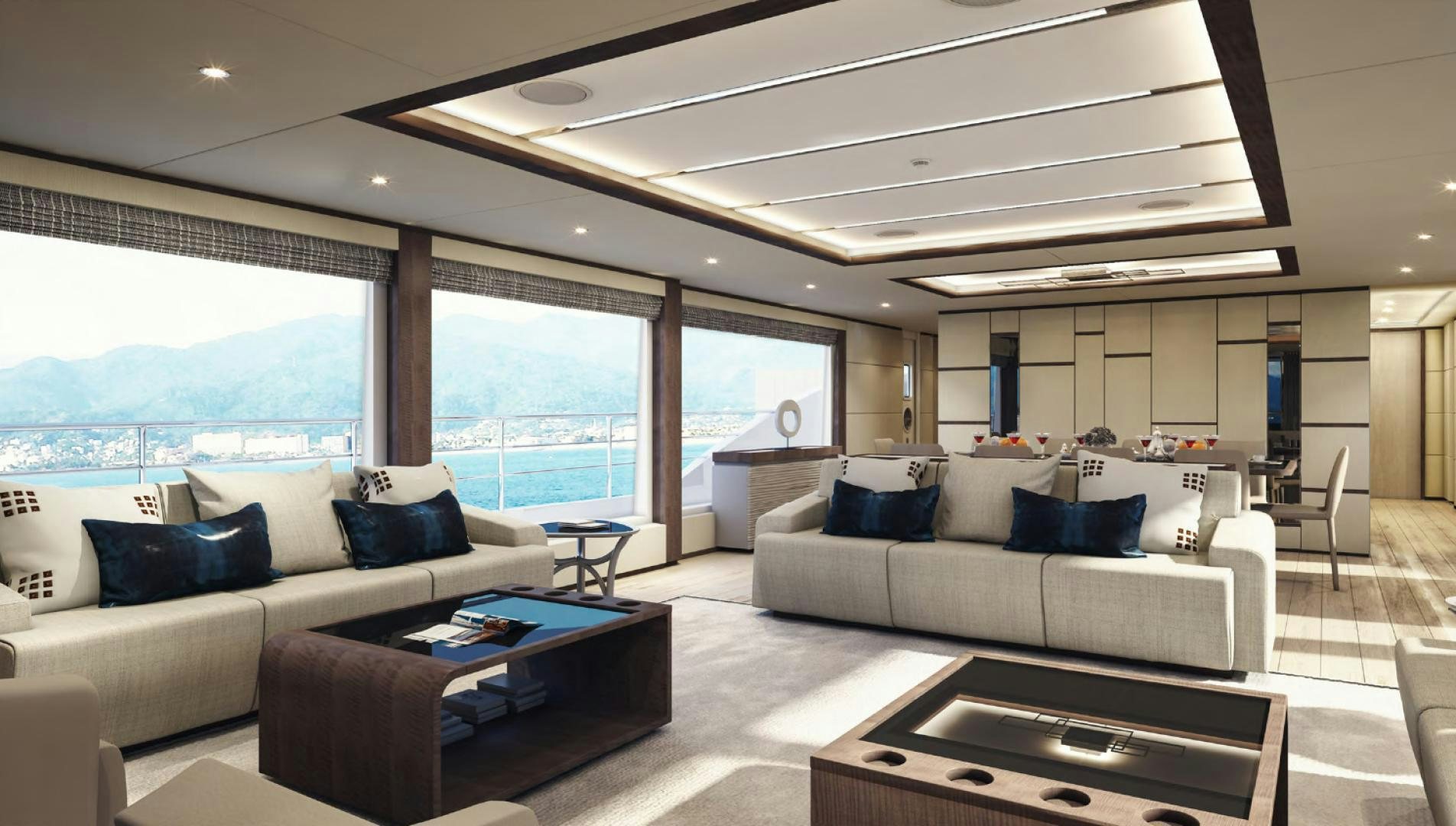 a living room with a large window aboard MAJESTY 100 Yacht for Sale