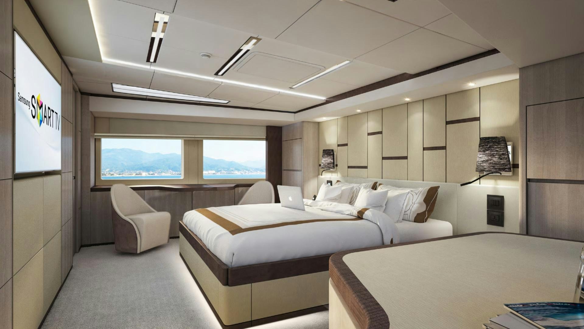 a room with a bed and a window aboard MAJESTY 100 Yacht for Sale